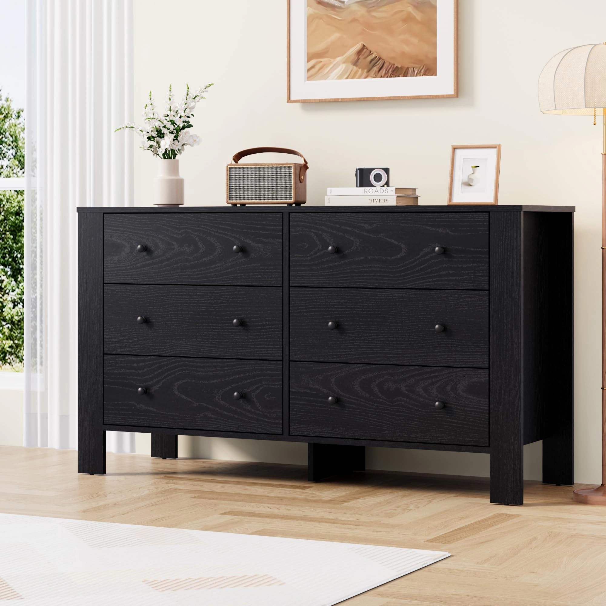6 Drawer Modern Dresser with Metal Knobs, 50" Wide Large Wood Storage Chest for Bedroom Living Room