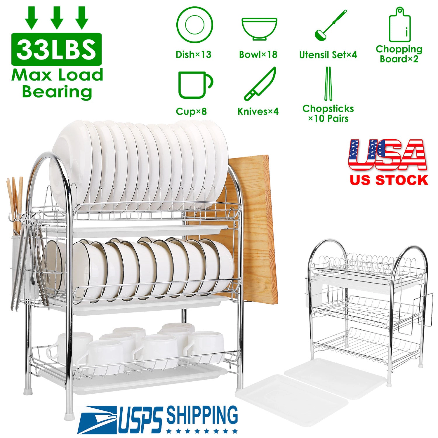 GBruno 3-Tier Dish Drying Rack With Drain Trays