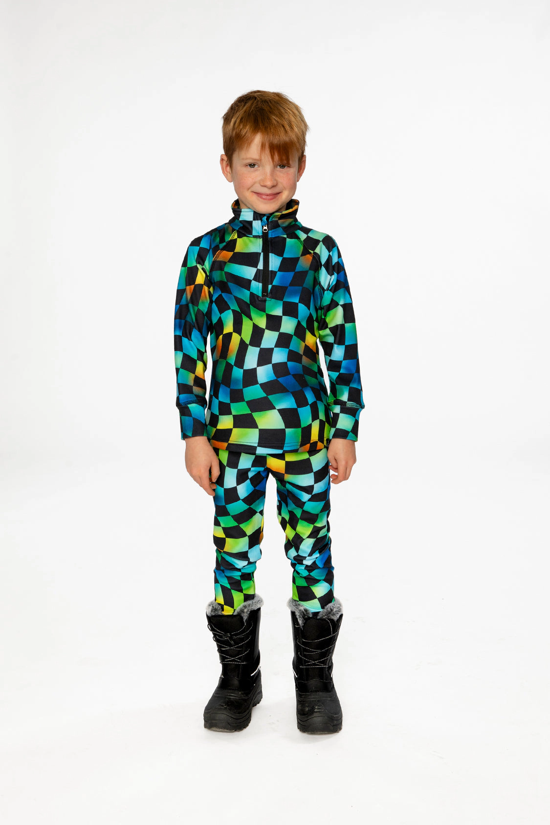 Deux par Boys Two Piece Checkered Print Half-Zip Thermal Underwear Top and Pants Set