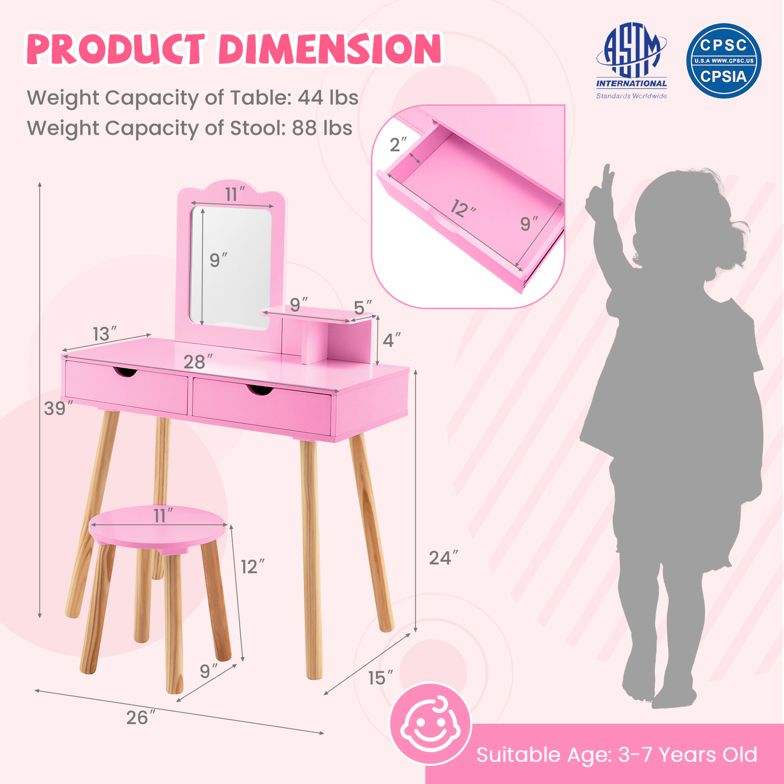 SUGIFT Removable Mirror and 2 Large Storage Drawers Kids Vanity Table Stool Set