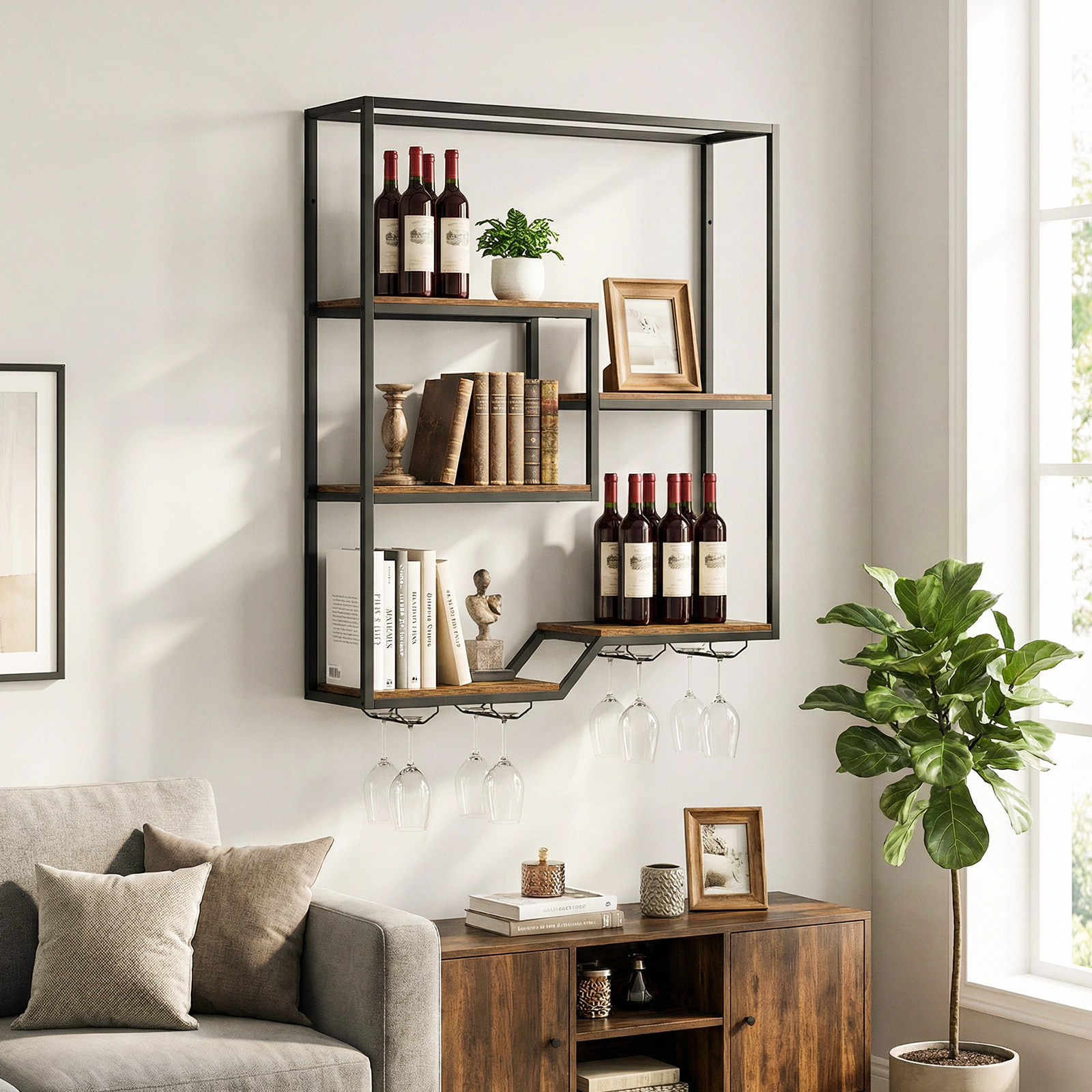 SUGIFT 6-Tier Wall Mounted Wine Rack Hanging Bar Shelf Bottle Display Shelf & Glass Holder 185-lb Total Capacity Rustic