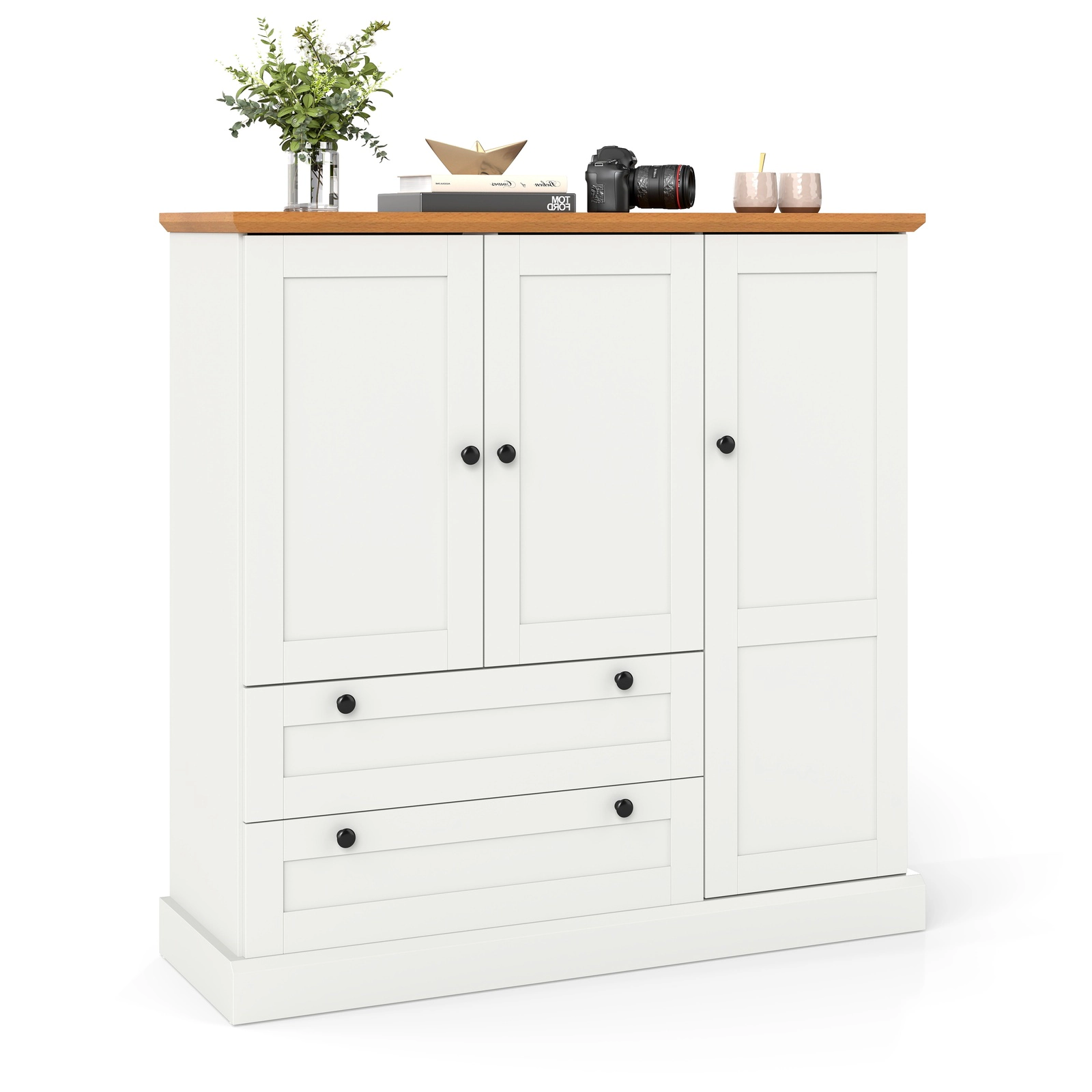 Glintex 47.5-Inch Storage Cabinet with 3 Doors and 2 Wide Drawers, White + Natural