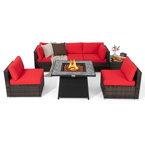 SUGIFT 7-Piece Red Patio Rattan Sectional Set with 50000-BTU Fire Pit Table 35-in W 24.5-in H 400-lb Sofa Capacity