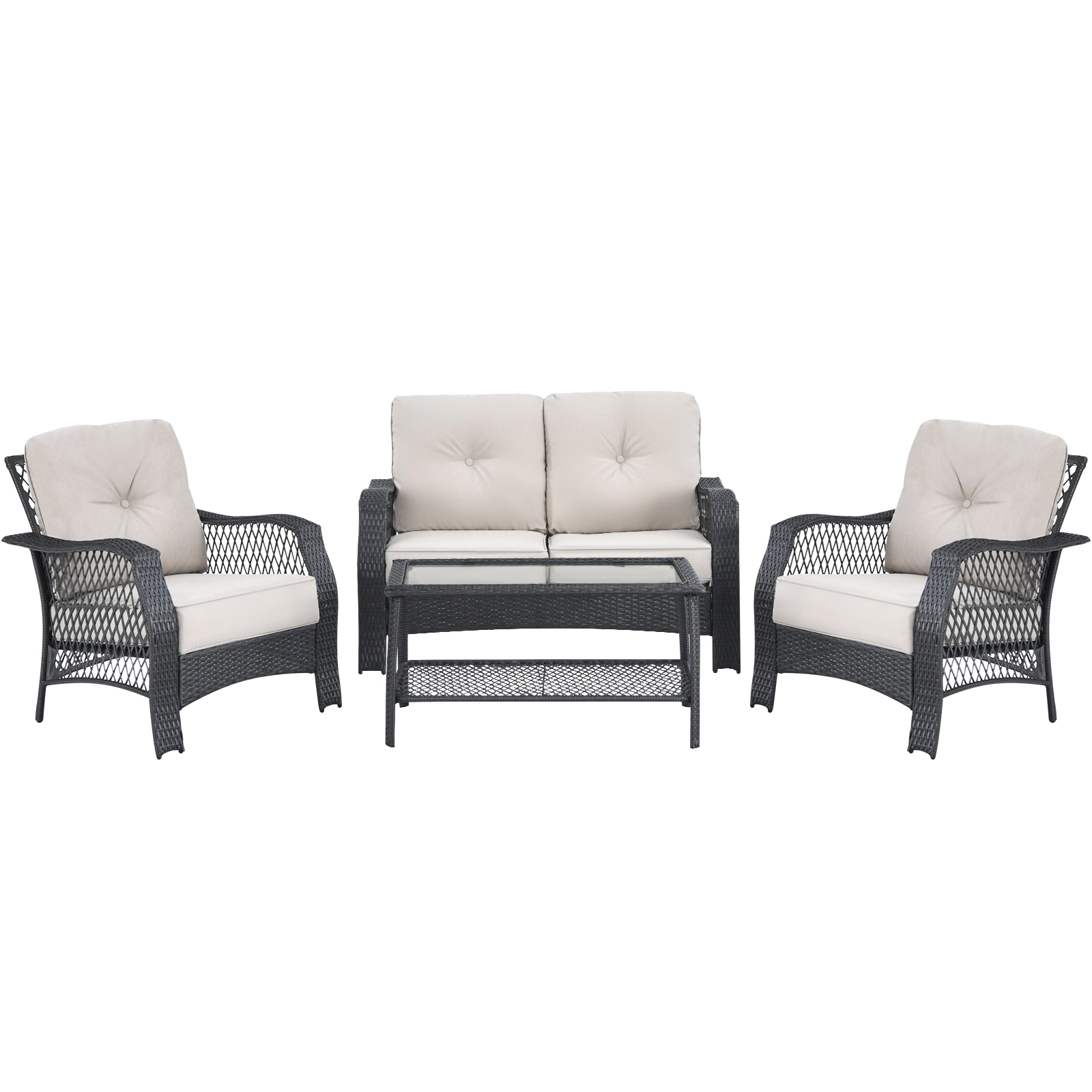 LJG 4 Pieces Patio Wicker Furniture Set Loveseat Sofa Coffee Table with Cushion