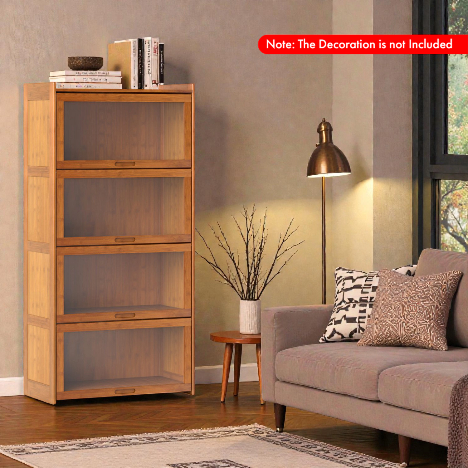 Hivvago Natural Bamboo 4-Tier Display Bookshelf with Enclosed Cabinet