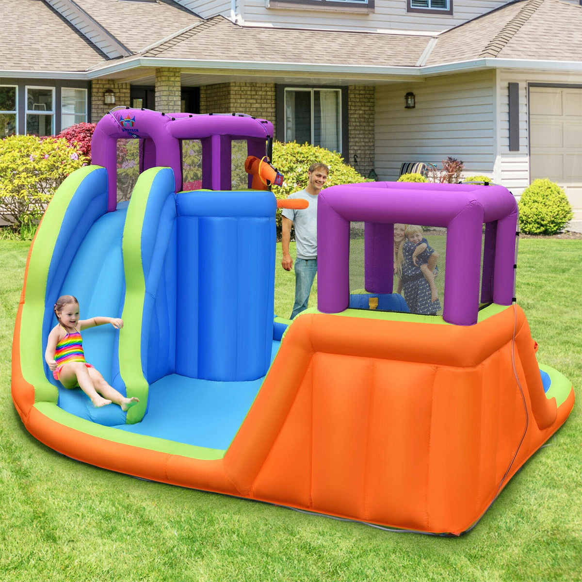 SUGIFT 6-in-1 180.5-in Inflatable Dual Water Slide Bounce House with Water Guns and Sprayers for Backyard