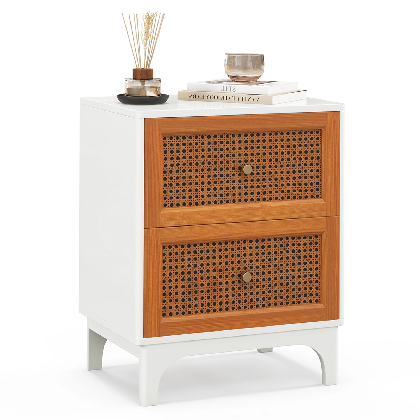 SUGIFT Boho Accent Table Nightstand with Rattan Drawers 23.5-in Tall White + Brown