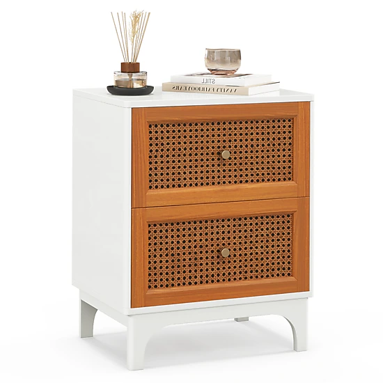 SUGIFT Boho Accent Table Nightstand with Rattan Drawers 23.5-in Tall White + Brown