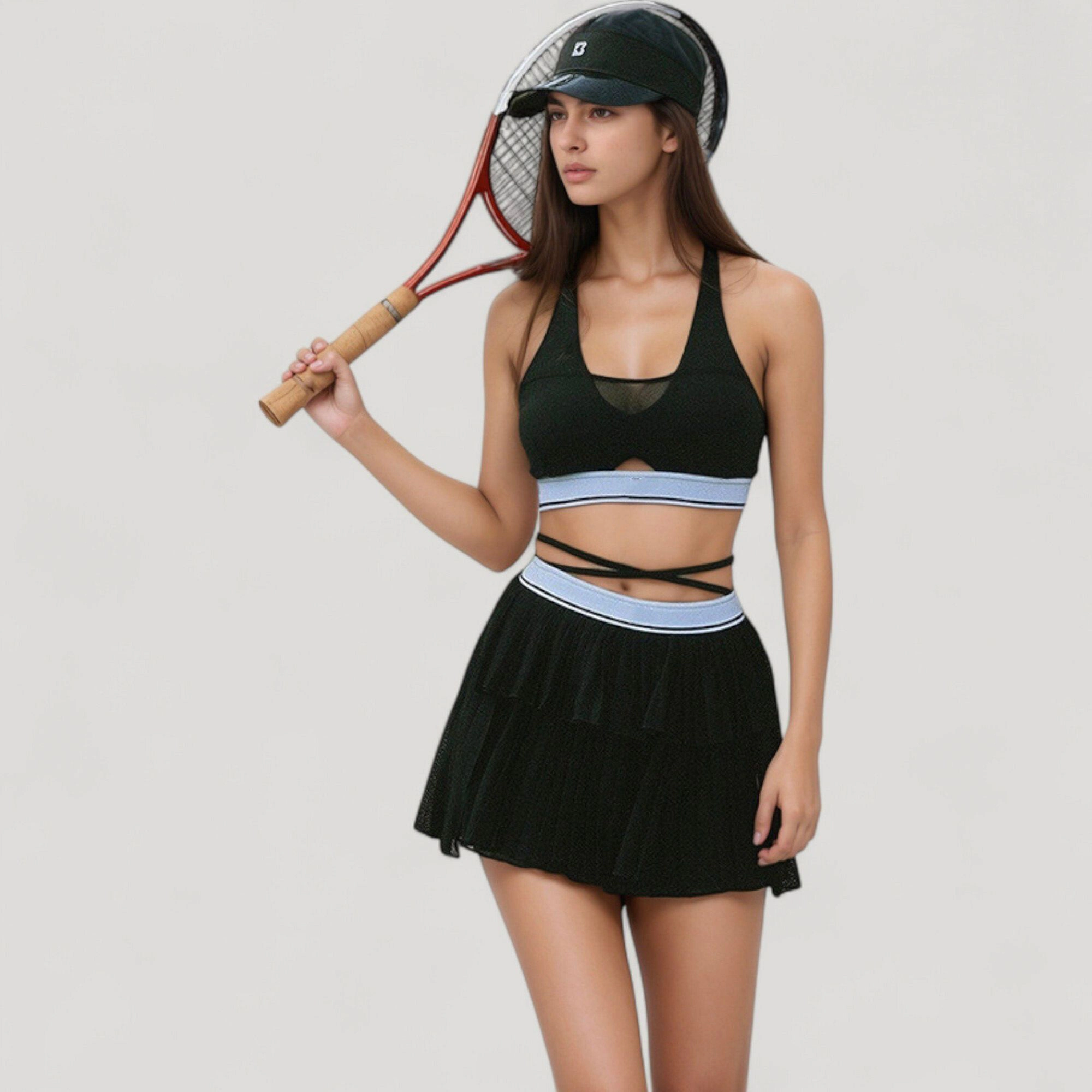 Anna-Kaci Women's Athletic Pleated Mini Skirt with Double-Layer Mesh Design and Contrast Waistband