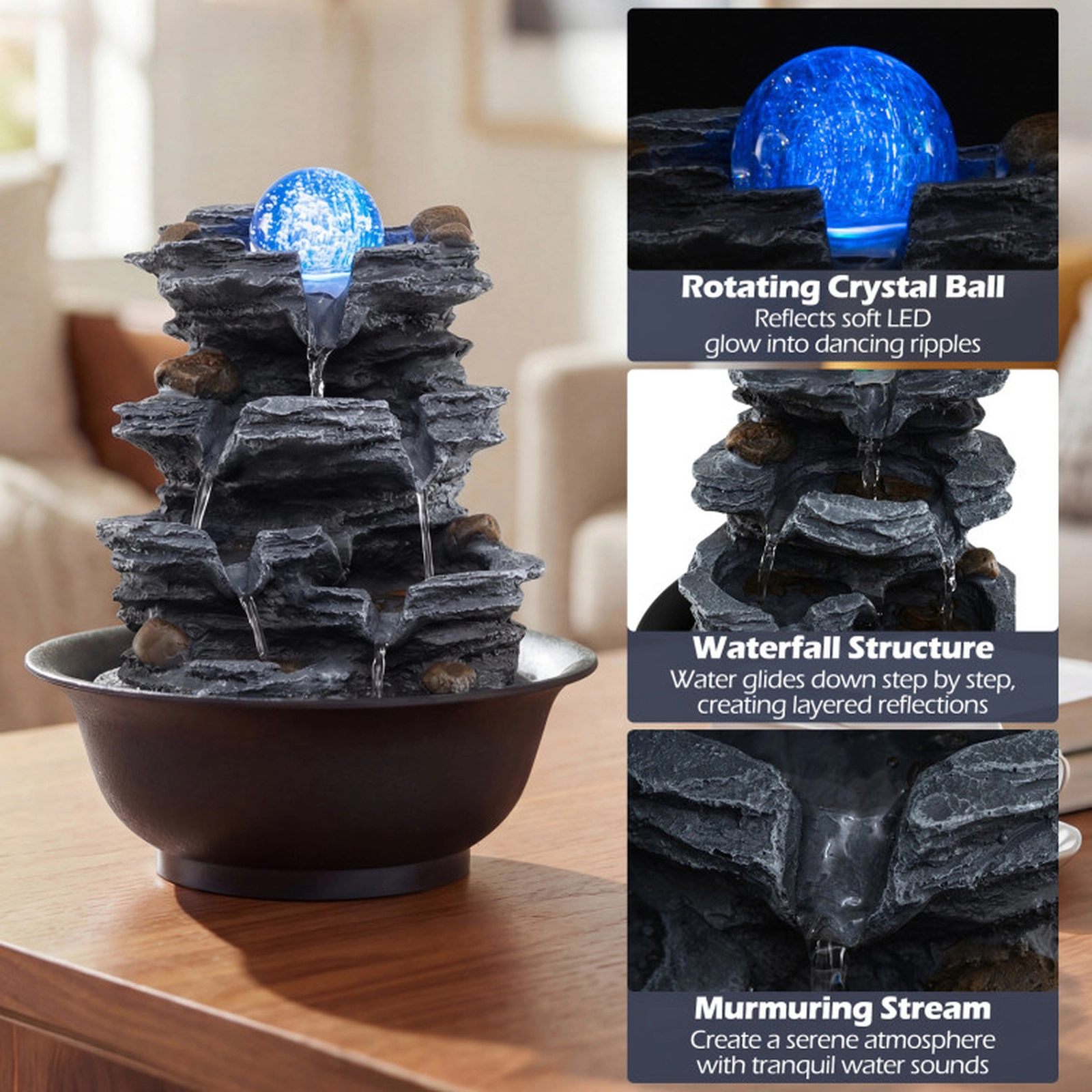 SUGIFT Multi-Tier Tabletop Water Fountain Color-Changing LED Light Rolling Crystal Ball 8.5 x 10.5-in 2.5-lb Black