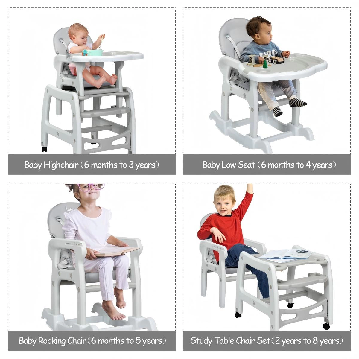 SUGIFT 3-in-1 Convertible Baby High Chair with Lockable Universal Wheels 50-lb Capacity Ages 6 Months-8 Years Gray/Pink