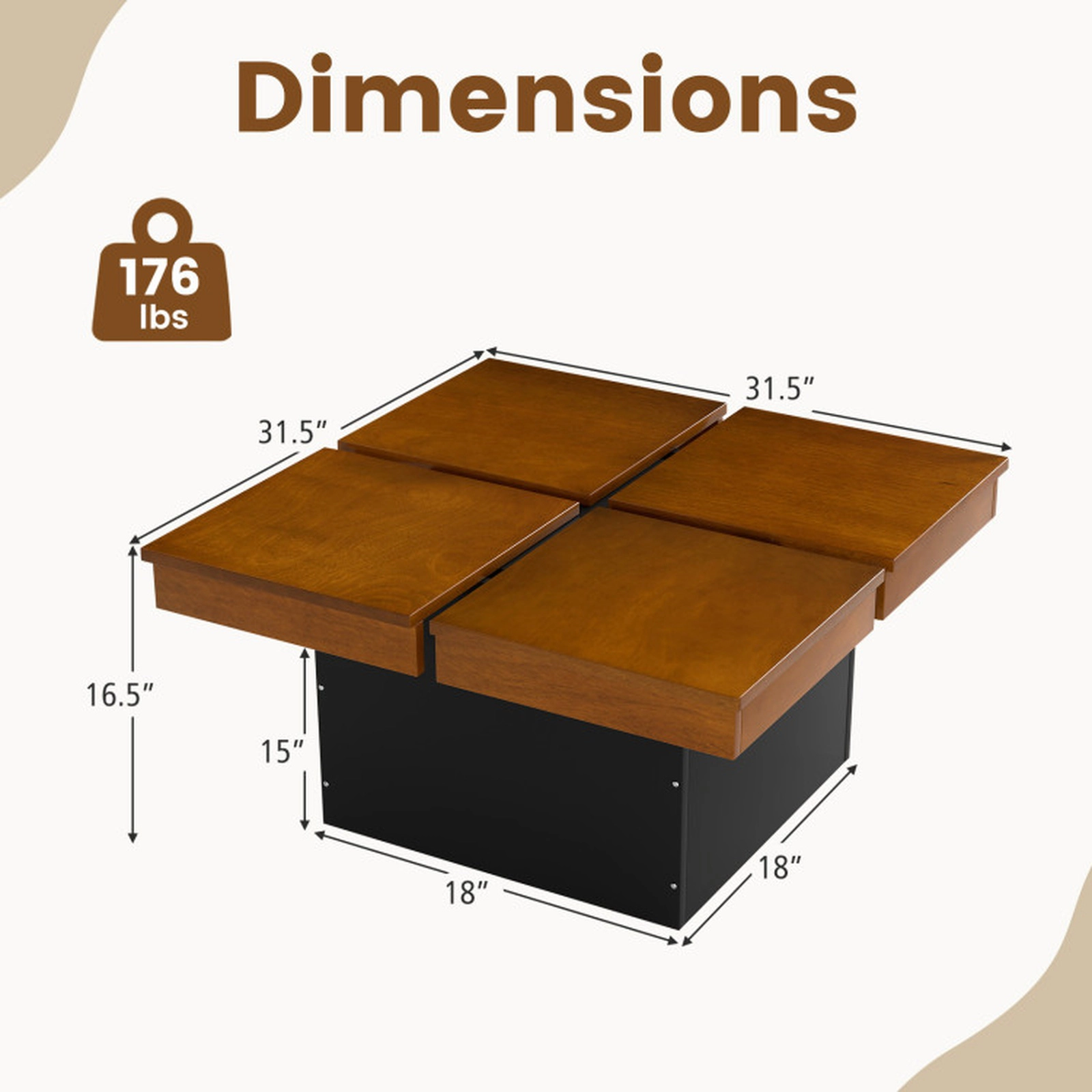 SUGIFT 31.5-in 176-lb Capacity Walnut Square Mid Century Modern Coffee Table with Floating Quad-Section Top