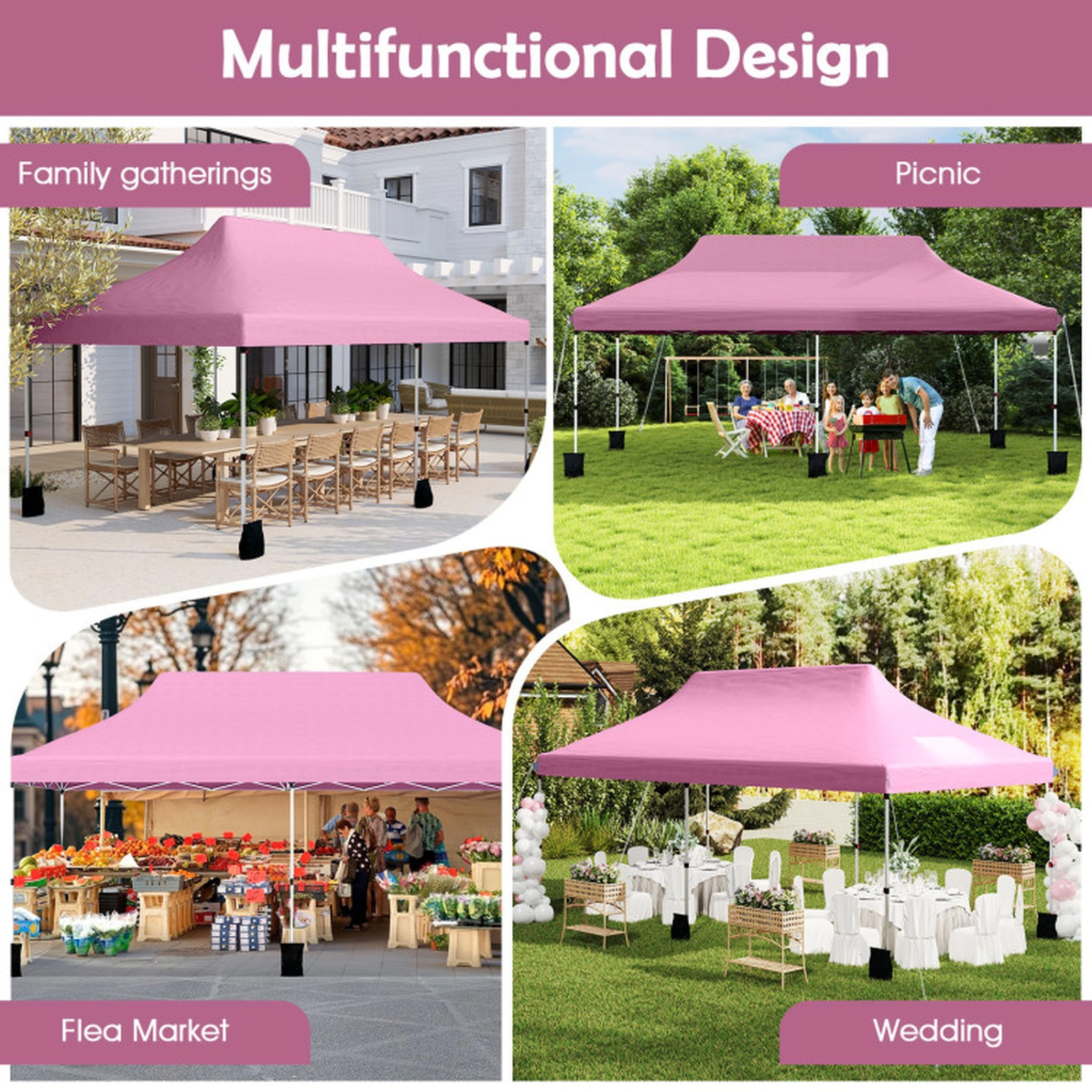 SUGIFT Pink Foldable Outdoor Pop Up Canopy Gazebo Tent with Carry Bag for 15-20 People 20-ft W 10-ft D 10.4-ft H