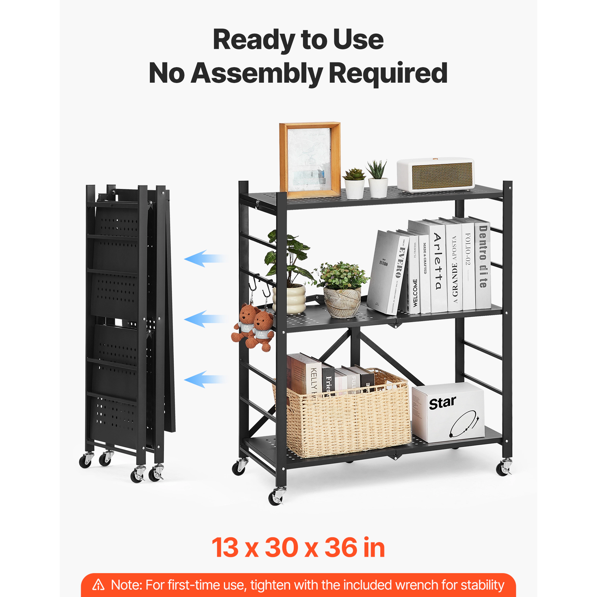 HONGGE Foldable Storage Shelf Folding Metal Rack Shelving Unit No Assembly Organizer Shelf with 5 Wheels & 4 Hooks for