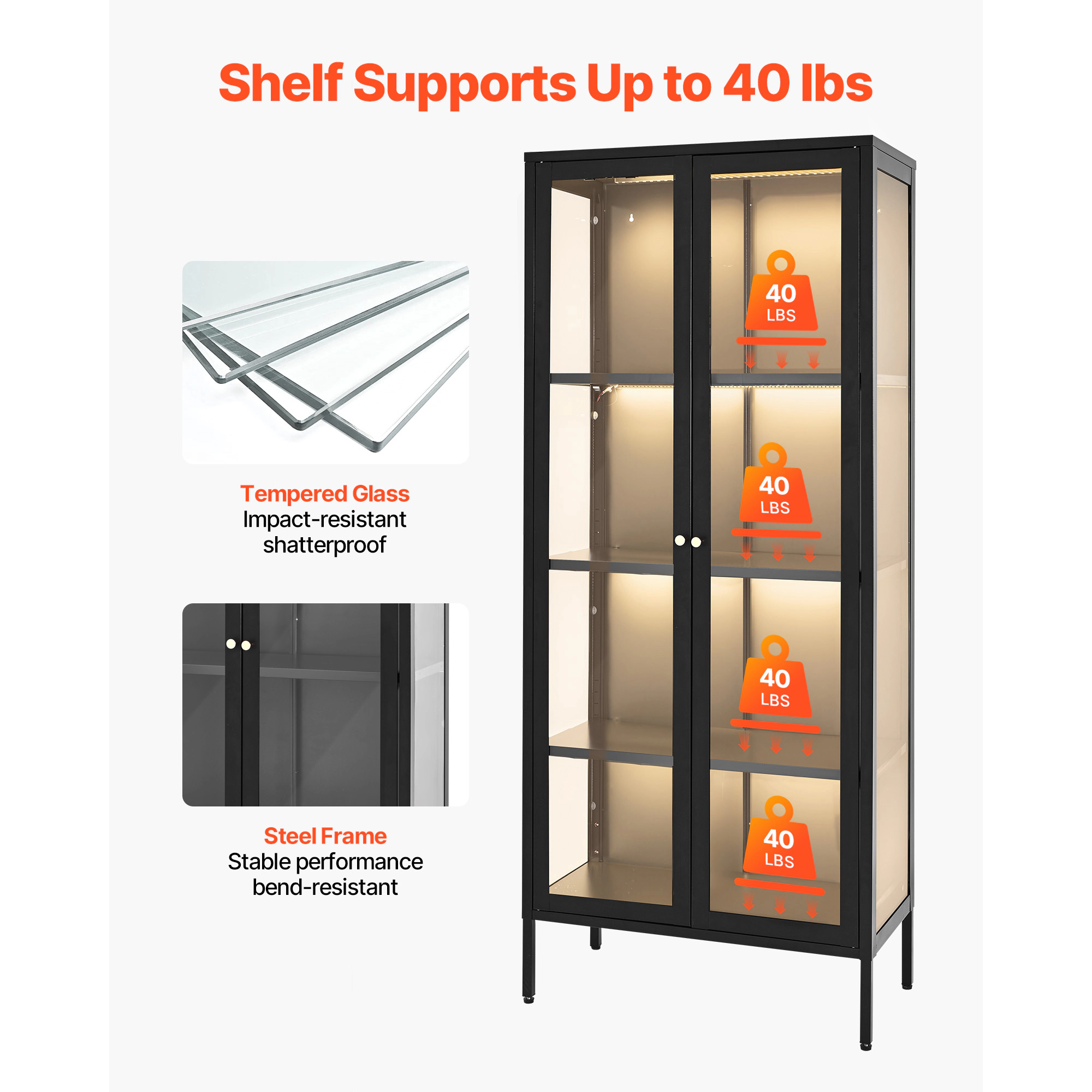 HONGGE Display Cabinet with Glass, 4-Tier Display Case, Storage Cabinet with Adjustable Shelves for Collectibles