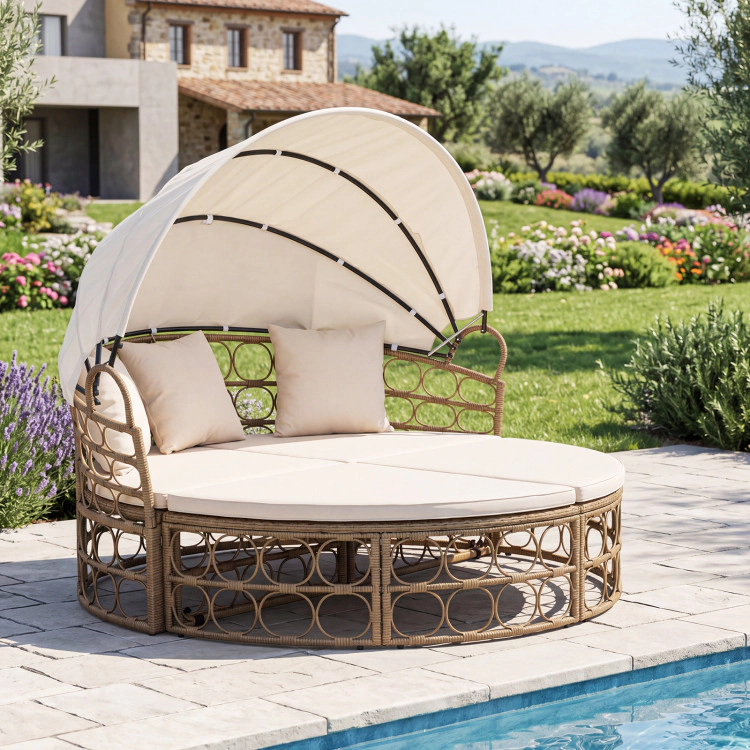 Hivvago Outdoor Patio Daybed With Retractable Canopy And Cushions Wicker Rattan Furniture Set