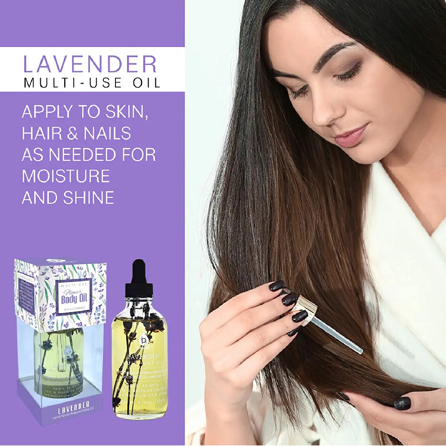 Pursonic Unisex Multi-Use Moisturizing Body Oil with Lavender Flower for Skin, Hair & Nails (4 oz)