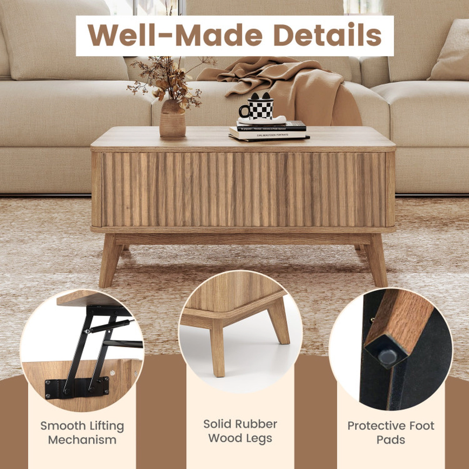 SUGIFT Fluted Lift Top 2 Hidden Compartments Rubber Wood Coffee Table 35.5-in x 20-in x 16.5-in 220-lb Capacity Walnut