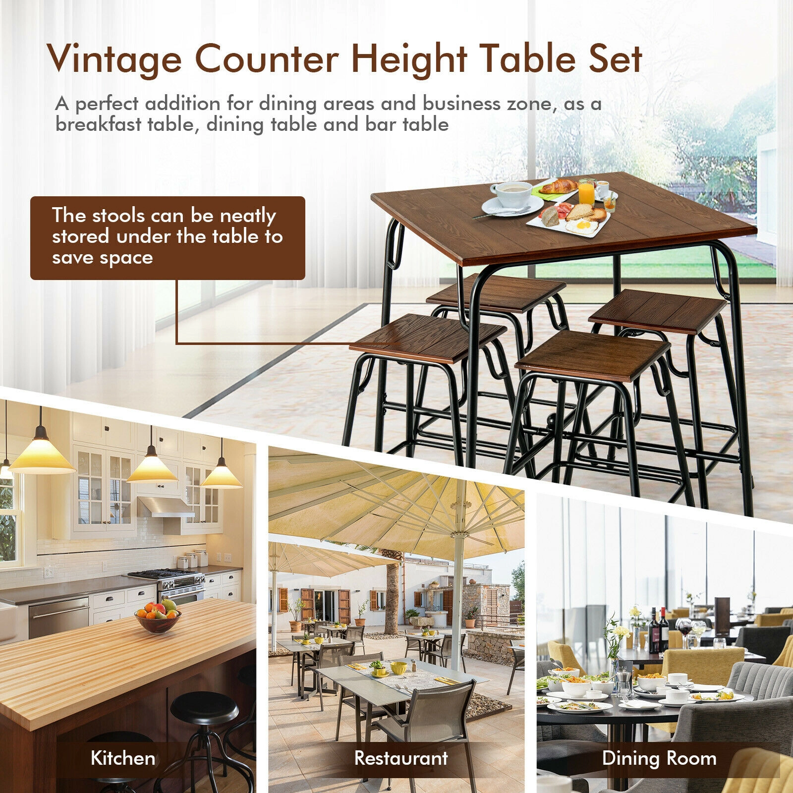 SUGIFT Rustic Brown 4 Counter Height Backless Stools 5-Piece Bar Table Set