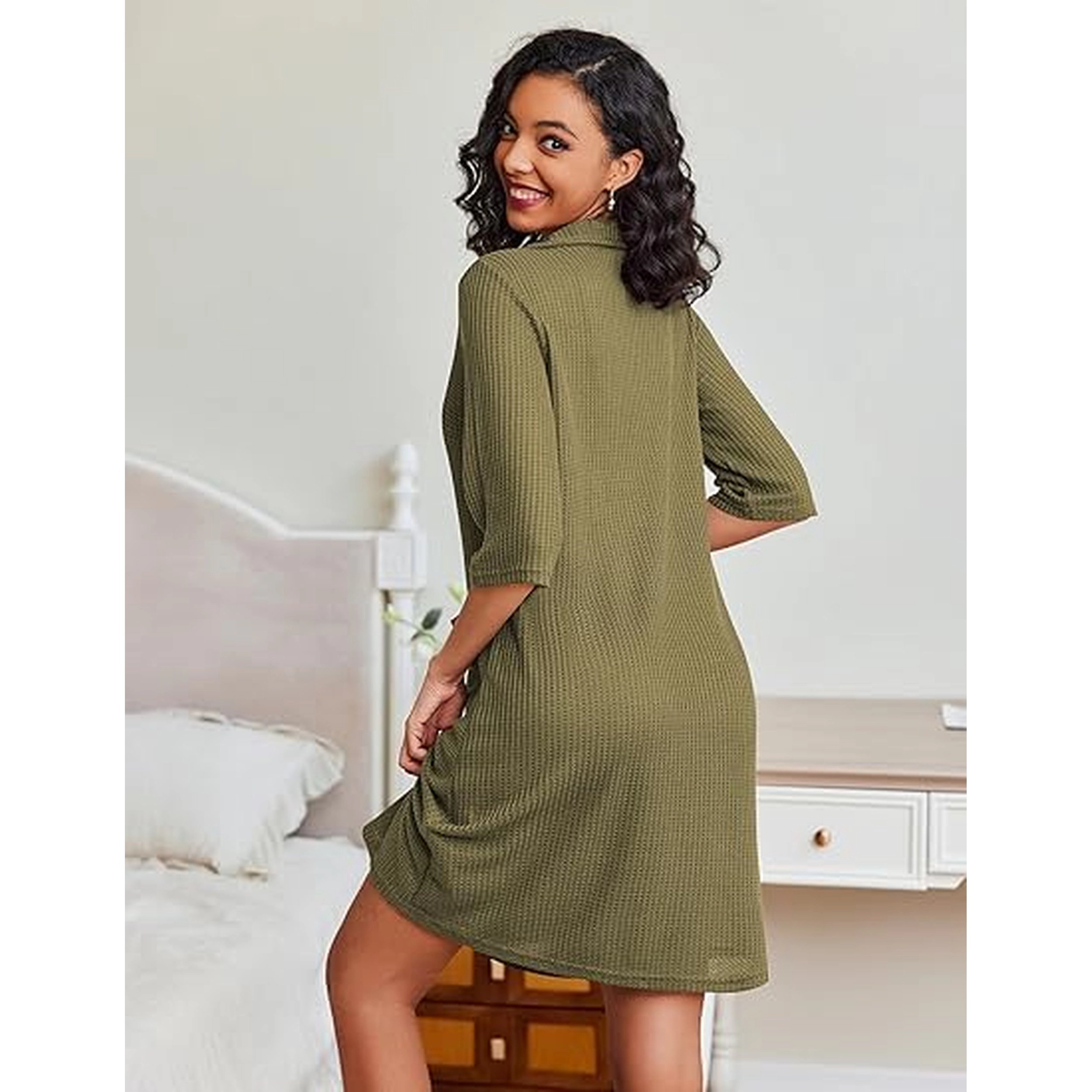 Ekouaer Zipper Robes for Women Waffle Knit Bathrobes Short Lightweight Knee Length Loungewear