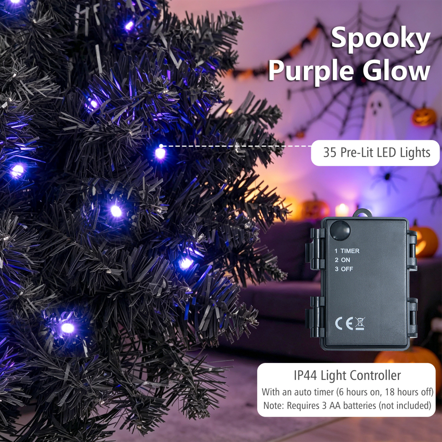 SUGIFT Set of 2 24-in Pre-Lit Halloween Christmas Wreaths with 35 Purple LED Lights and Timer 179 Branch Tips Black