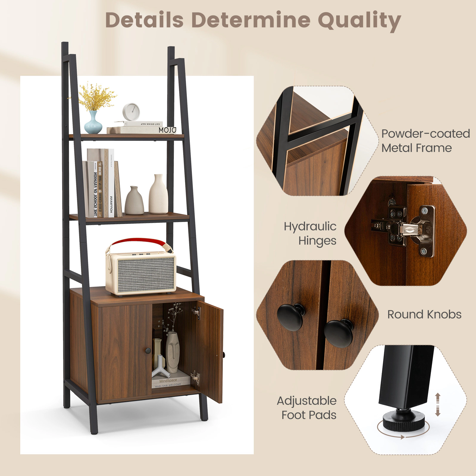SUGIFT 4-Tier Rustic Brown 63-in Ladder Shelf Bookshelf with Storage Cabinet Metal Frame and 44-lb Shelves