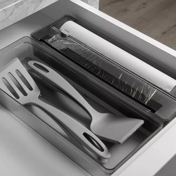 OU Aluminum Foil & Wrap Organizer w/ Cutter for 12" Roll, Kitchen Organizer, Plastic Dispenser