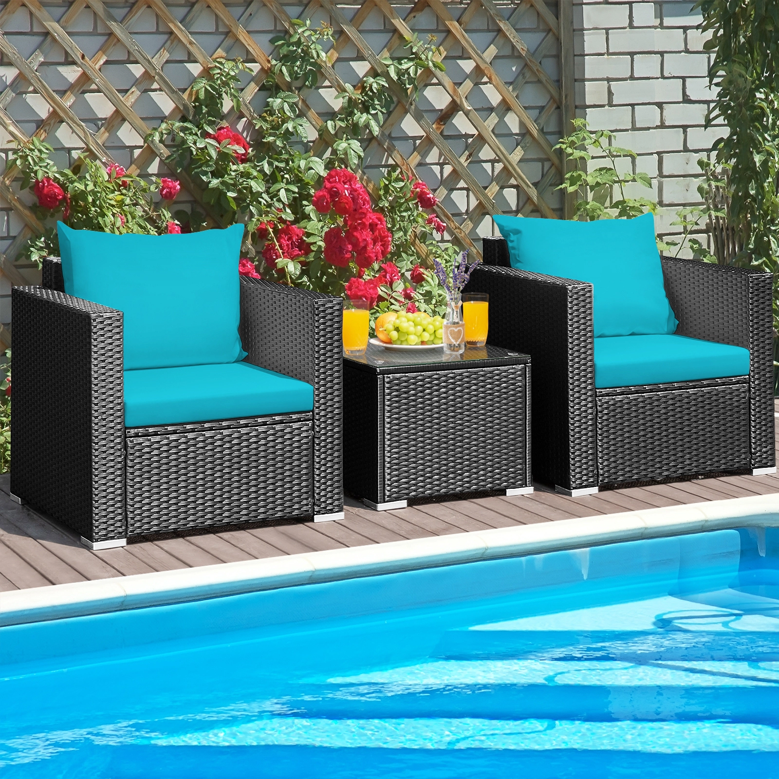 SUGIFT 3-Piece Patio Wicker Conversation Set with Cushions 400-Lb Chair Capacity Turquoise Black Rattan