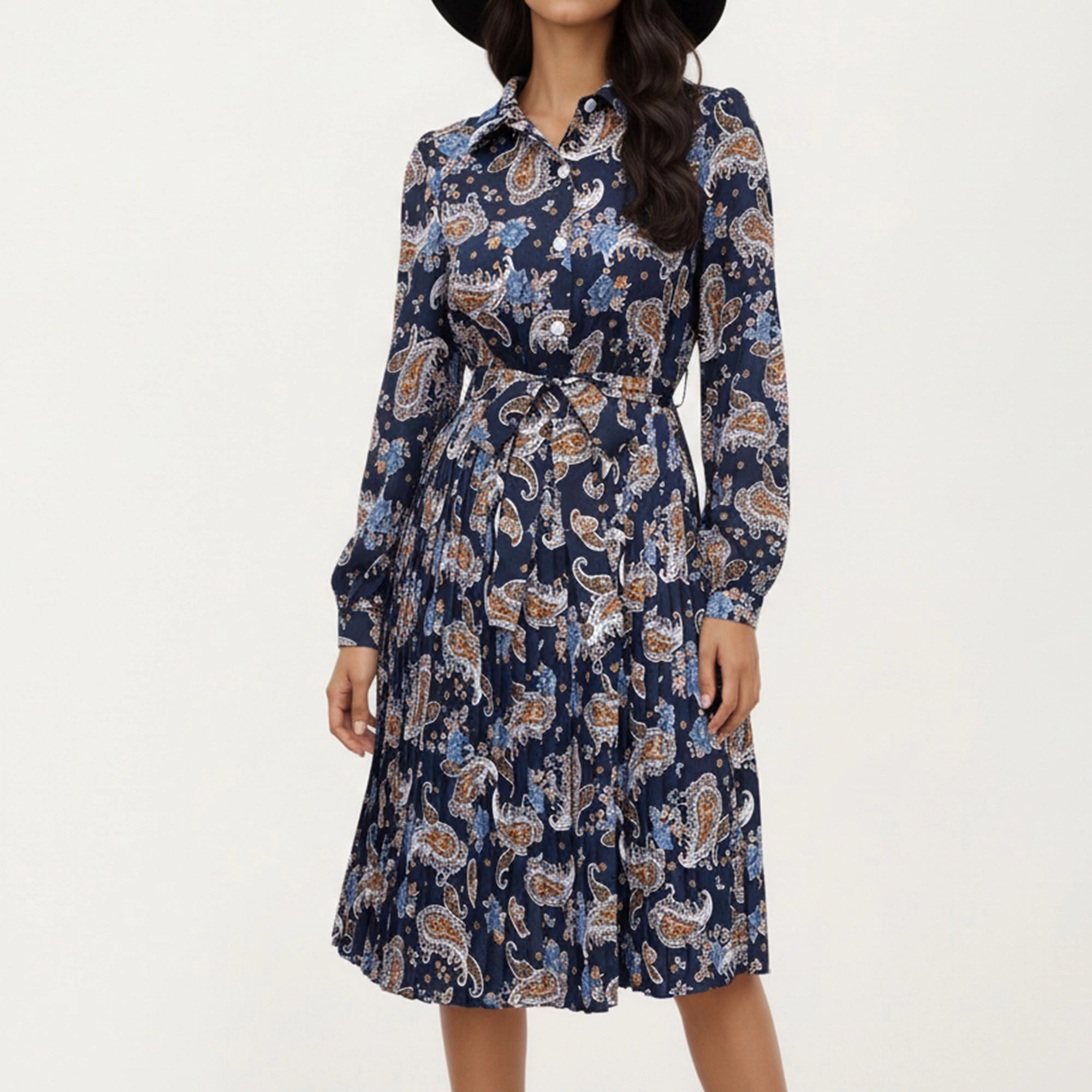 Anna-Kaci Women's Paisley Print Pleated Tie Waist Long Sleeve Shirt Dress