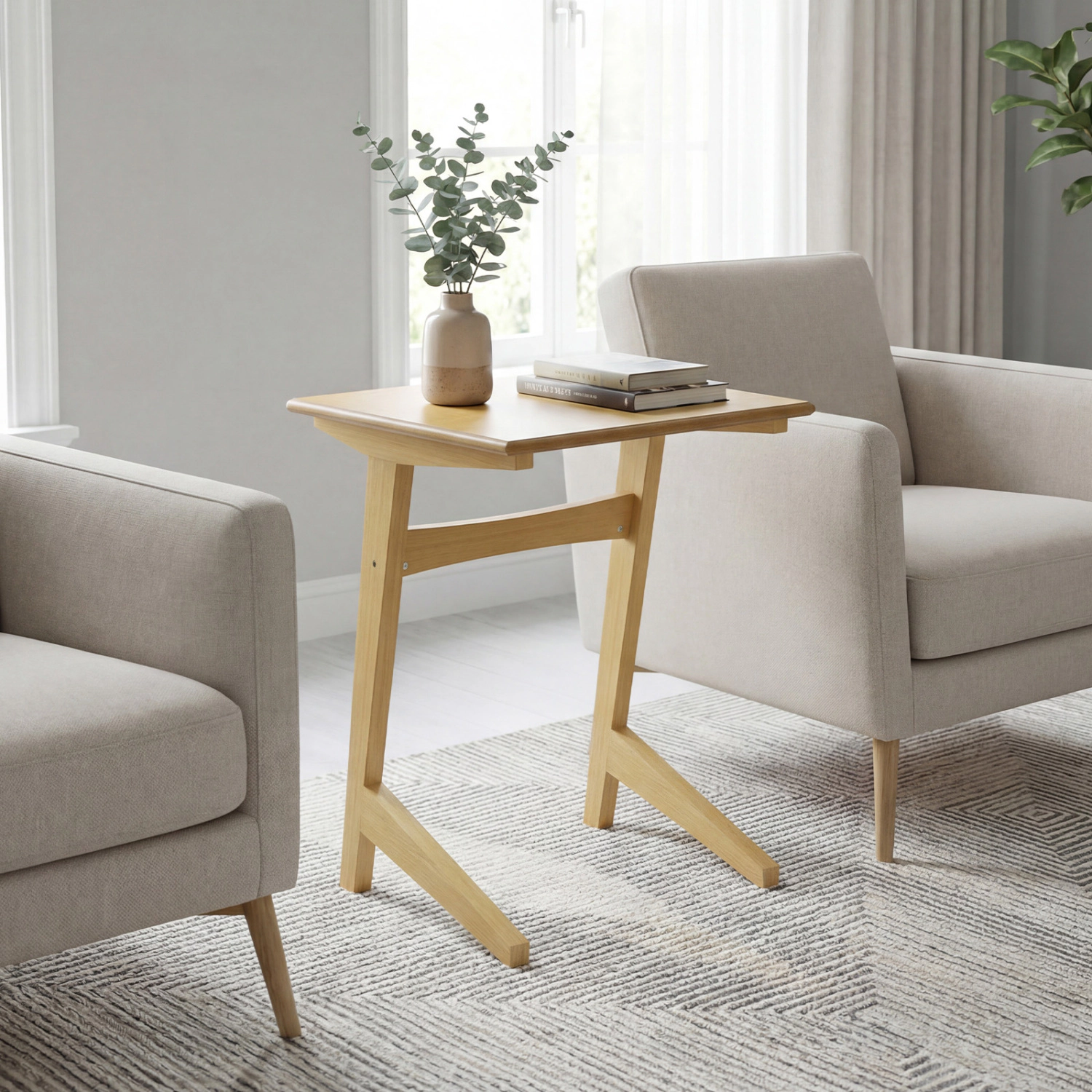 Glintex C-Shaped Sofa Side Table with Wood Veneer Top and Triangular Support Legs, Natural