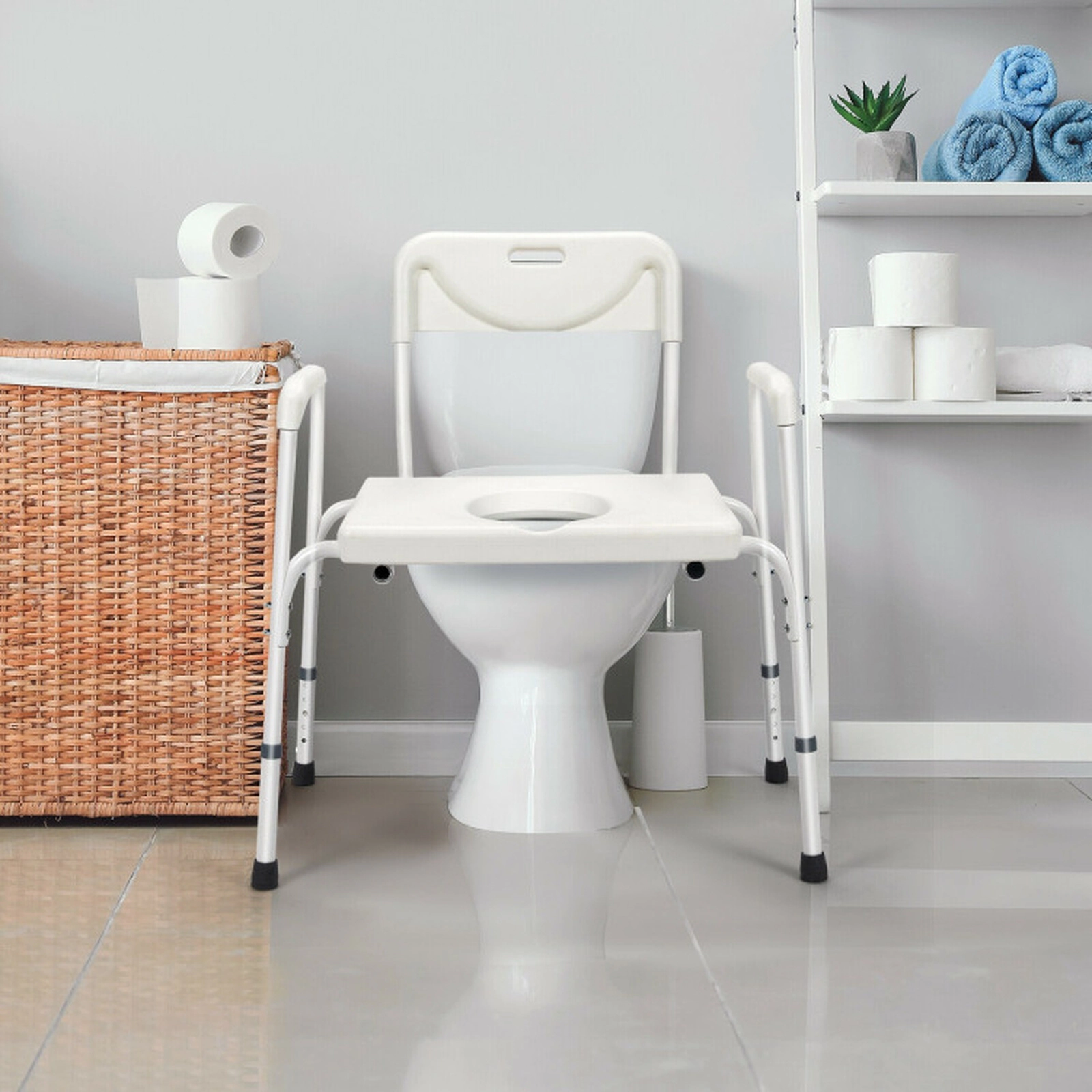 SUGIFT 3-in-1 Bedside Commode Portable Toilet Chair Bench 300-lb Capacity Adjustable Height White