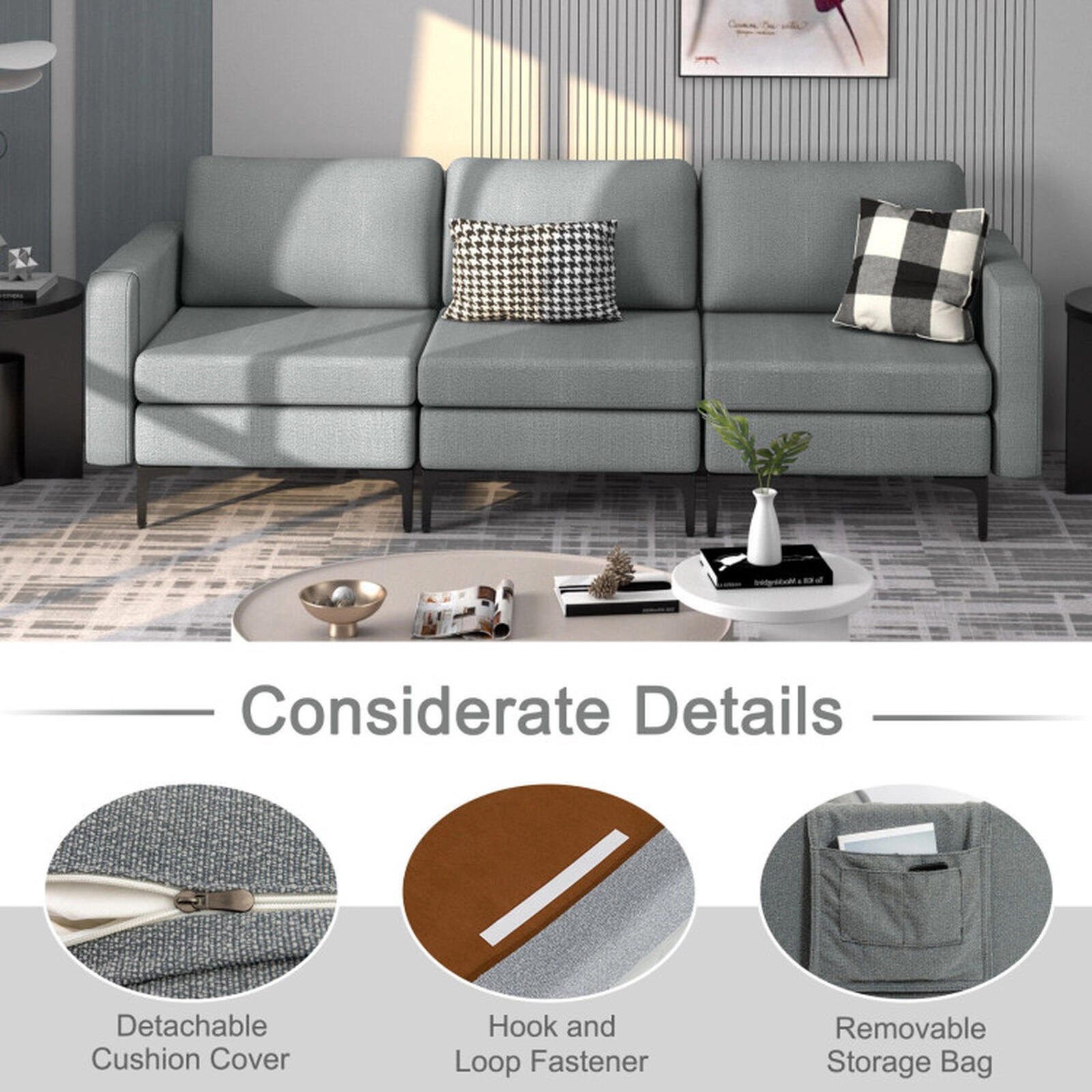 SUGIFT Dark Gray 94.5-Inch 3-Seat Linen Sofa with USB Ports and Magazine Pockets