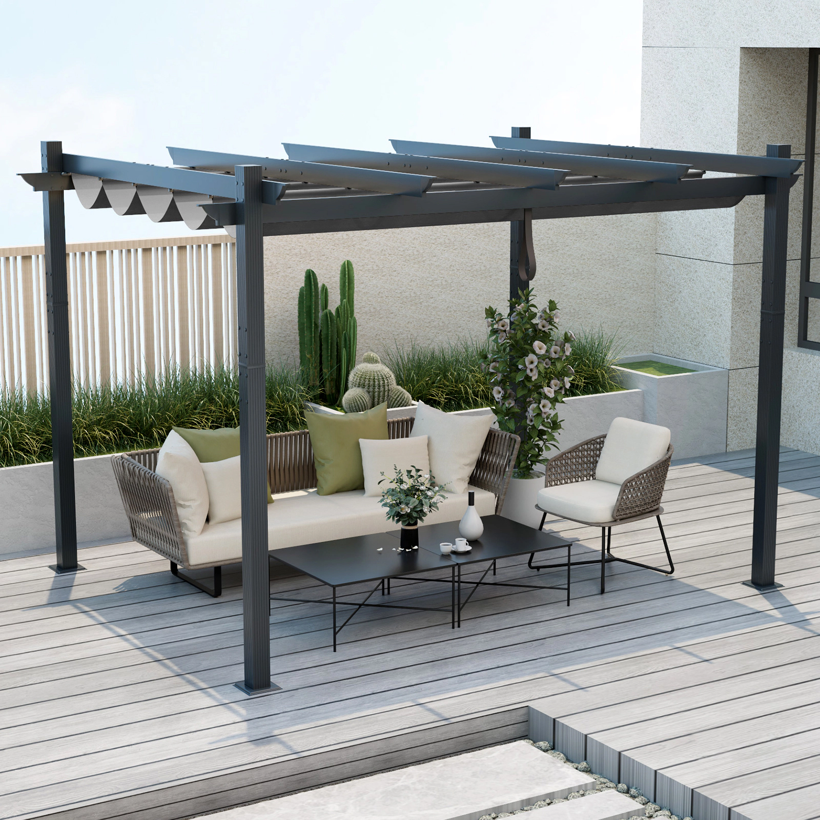 SUGIFT Powder-Coated Aluminum Retractable Pergola Canopy Shelter 10 x 12 in Shade Area Rope Loop & Locking System Gray
