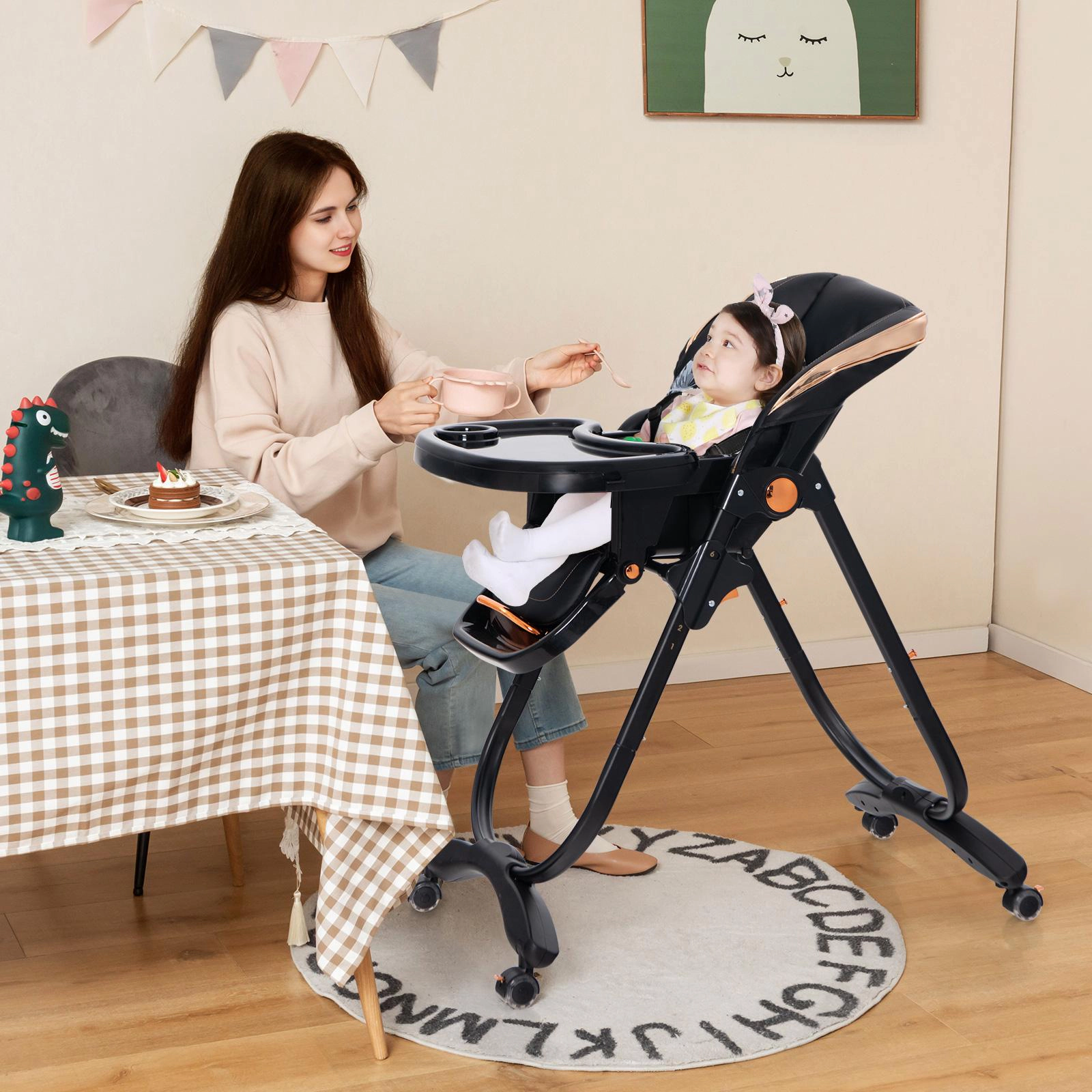 SUGIFT Folding Baby Dining High Chair with Adjustable Height and Recline 50-lb Capacity Ages 6-36 Months Gray/Black