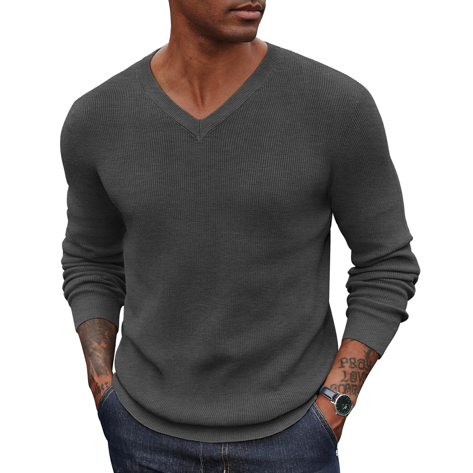 COOFANDY Mens Fall V Neck Long Sleeve Sweater Solid Color Curved Hem Pullover Tops