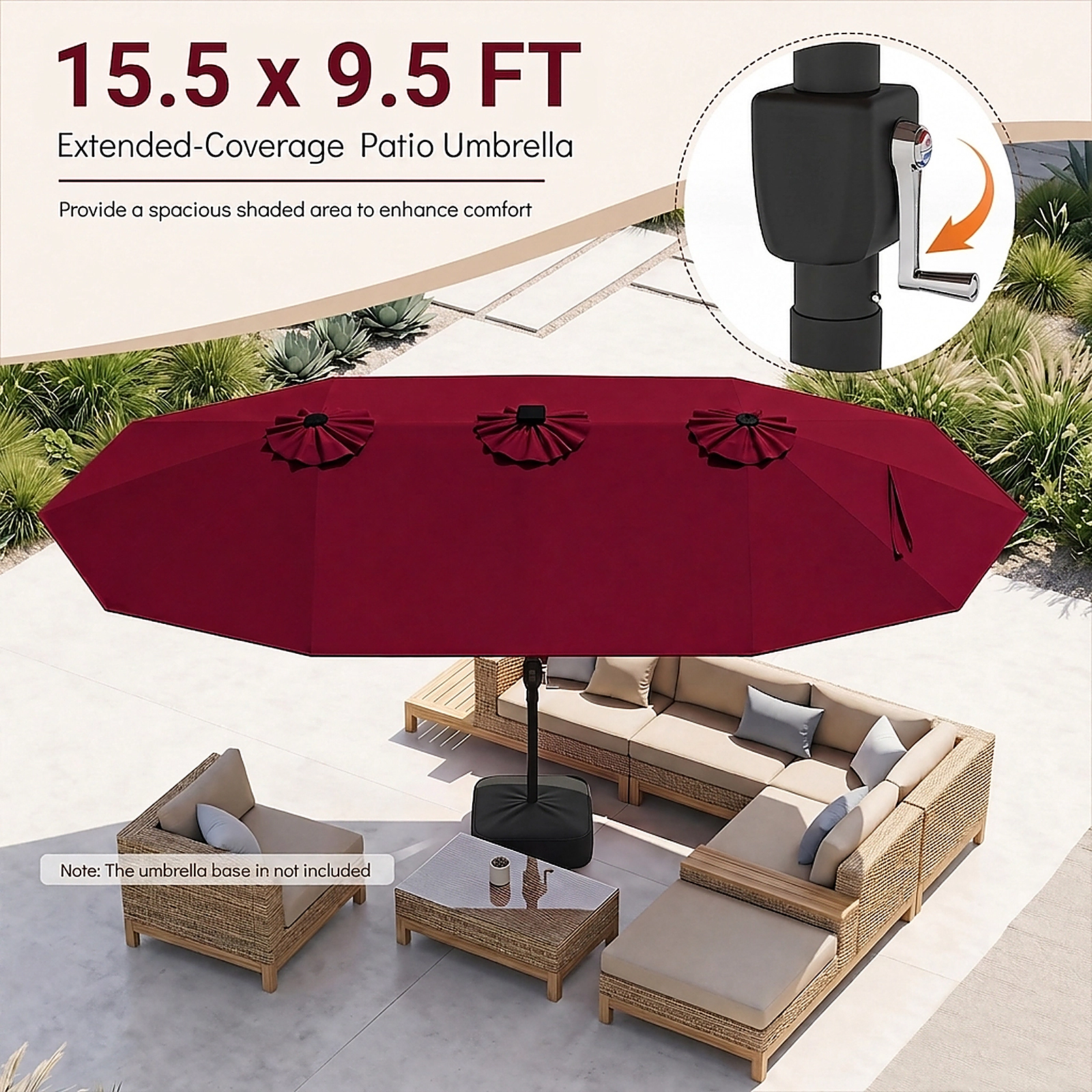 SUGIFT 15.5-ft Red Rectangular Patio Umbrella with 144 Solar LED Lights, 12 Ribs and Crank Lift