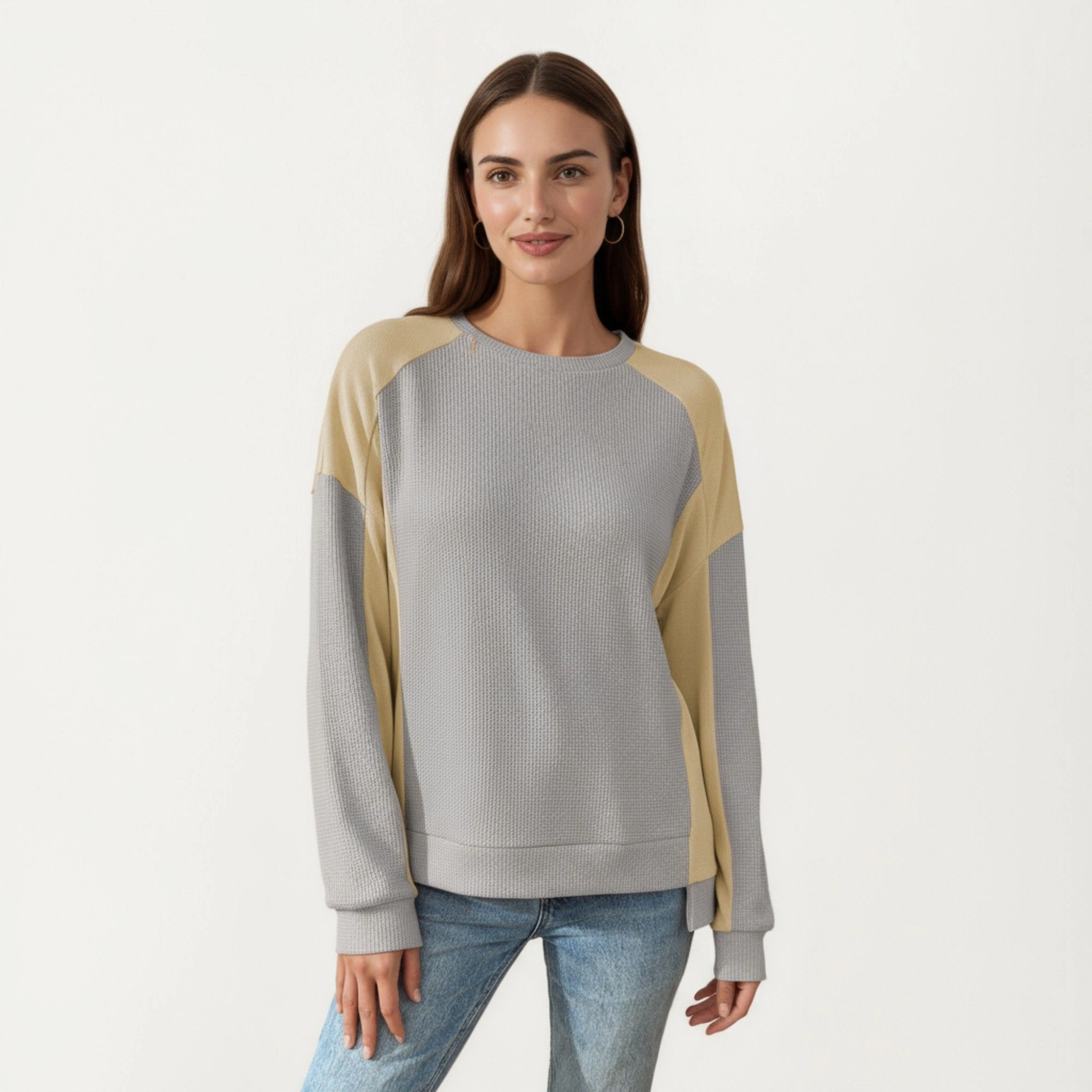 Anna-Kaci Women's Colorblock Crew Neck Relaxed Fit Long Sleeve Pullover Top