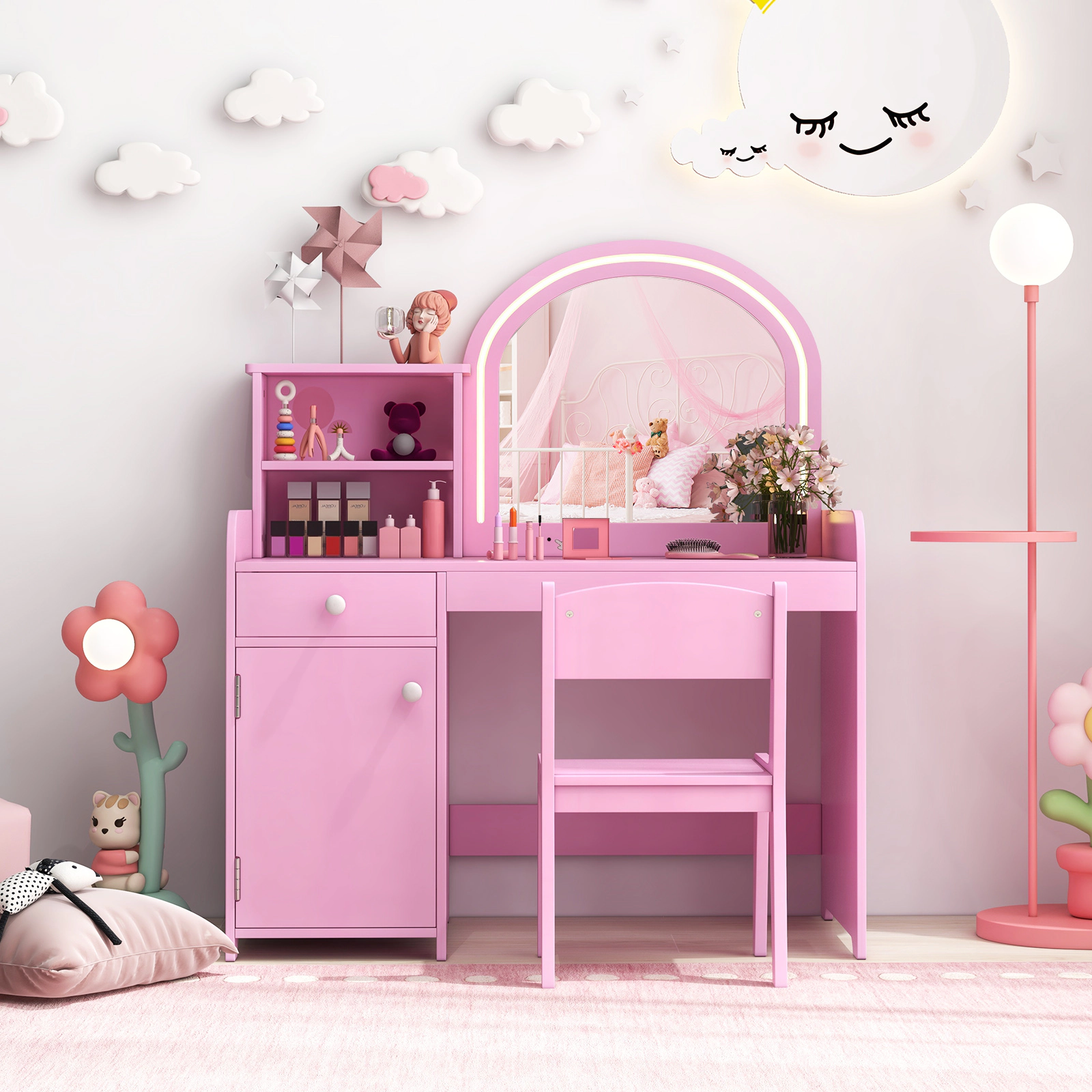 SUGIFT White Kids Vanity Table and Chair Set with 120 LED Lights, Acrylic Mirror and Storage