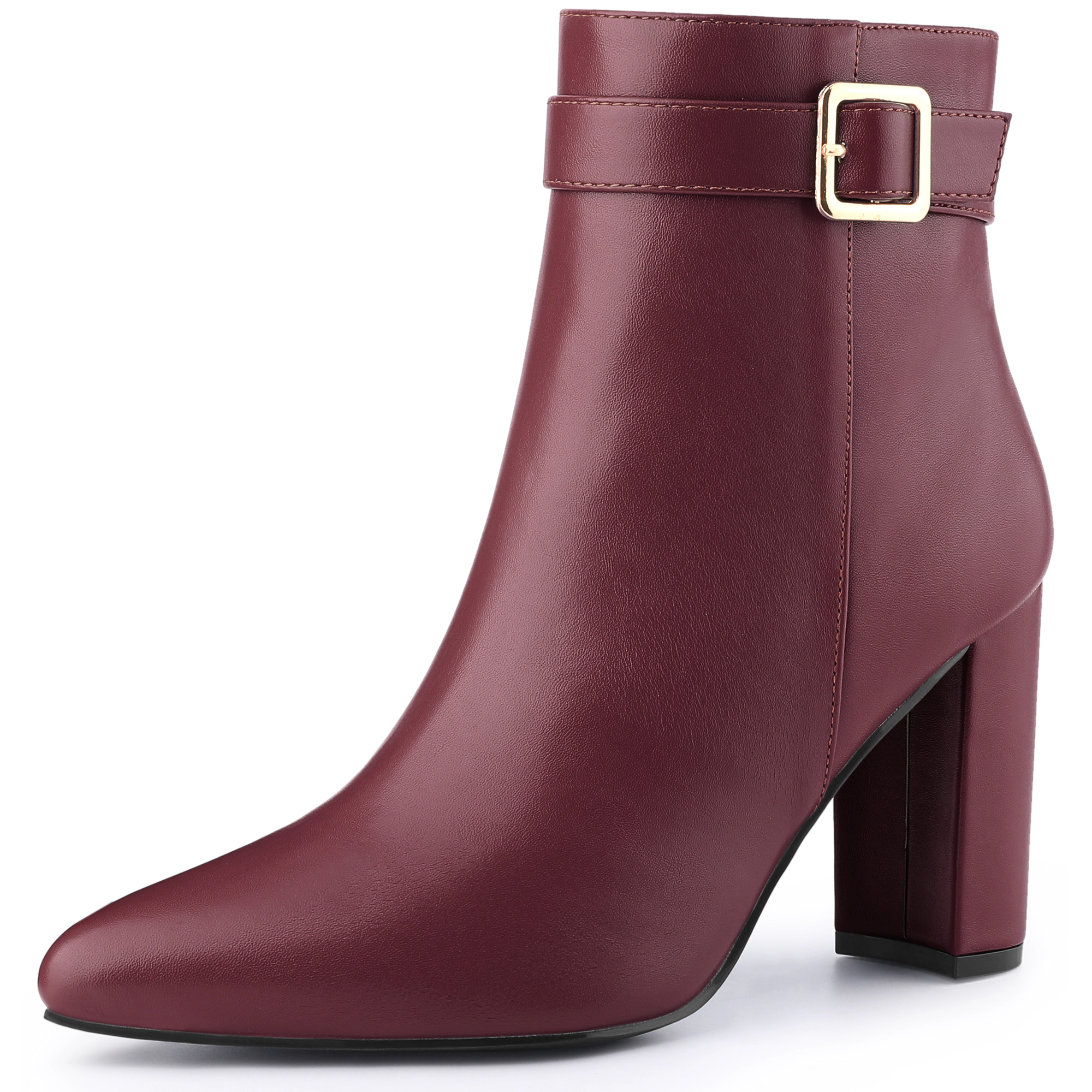 BLISSFUL STEP Women Leather Pointed Toe Buckle Decor Block Heel Ankle Booties