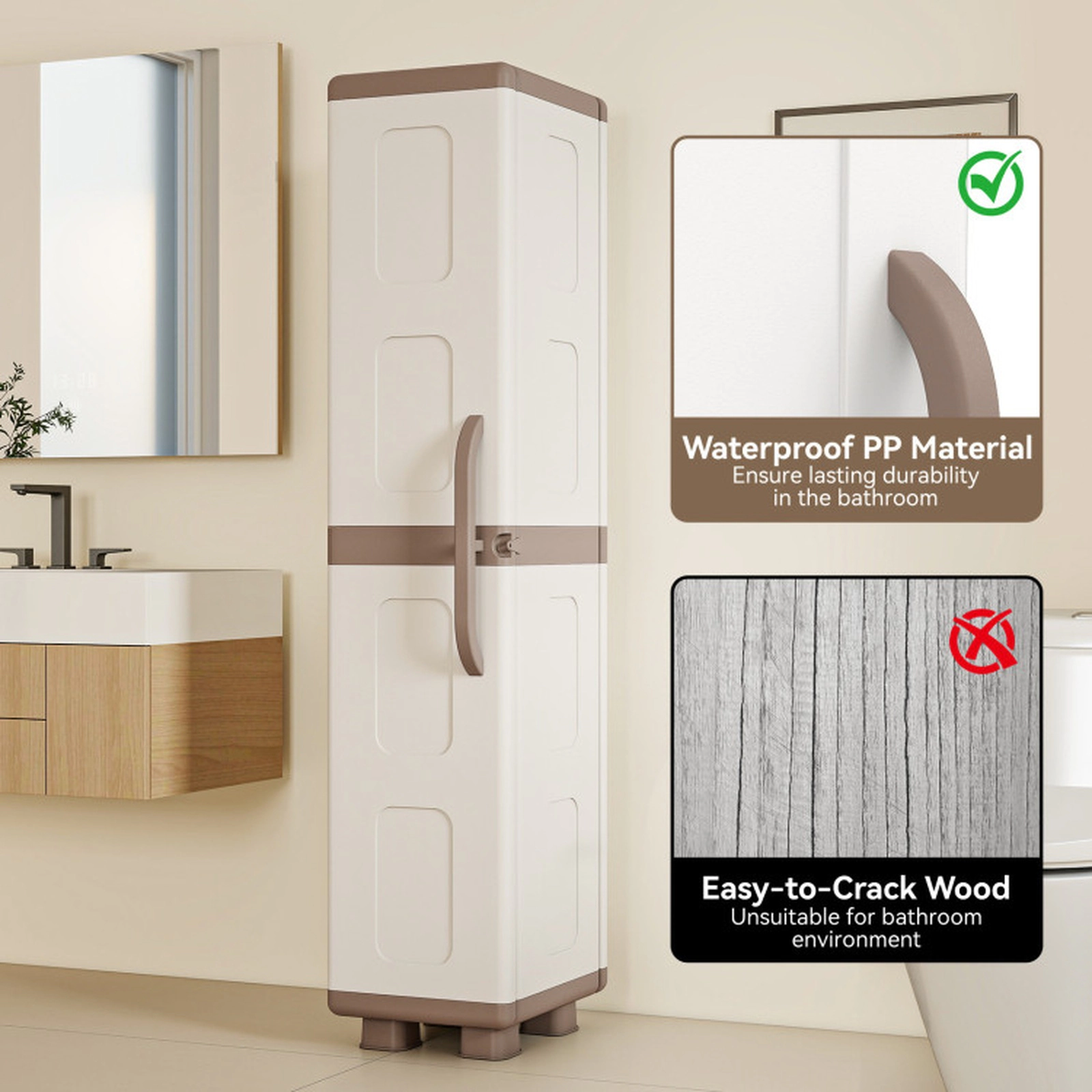 SUGIFT 70-in Tall 14-in Wide 55-lb Shelf Beige PP Plastic Pantry Cabinet with 5 Tiers and Single Door