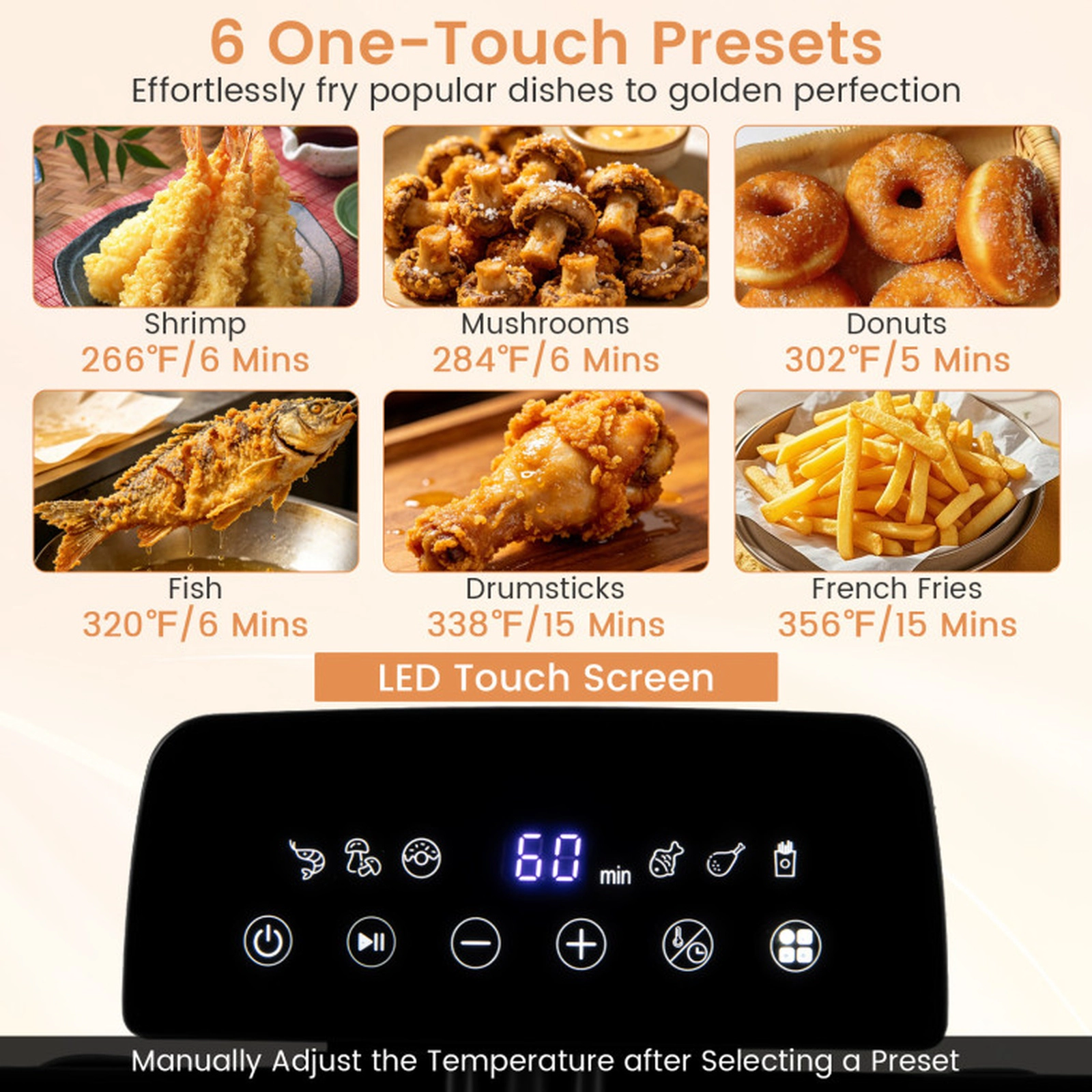 SUGIFT Silver Electric Deep Fryer with 3 Baskets LED Touch Screen and 6 Presets 5.3-Qt 1700W 13.5-in W 14-in D