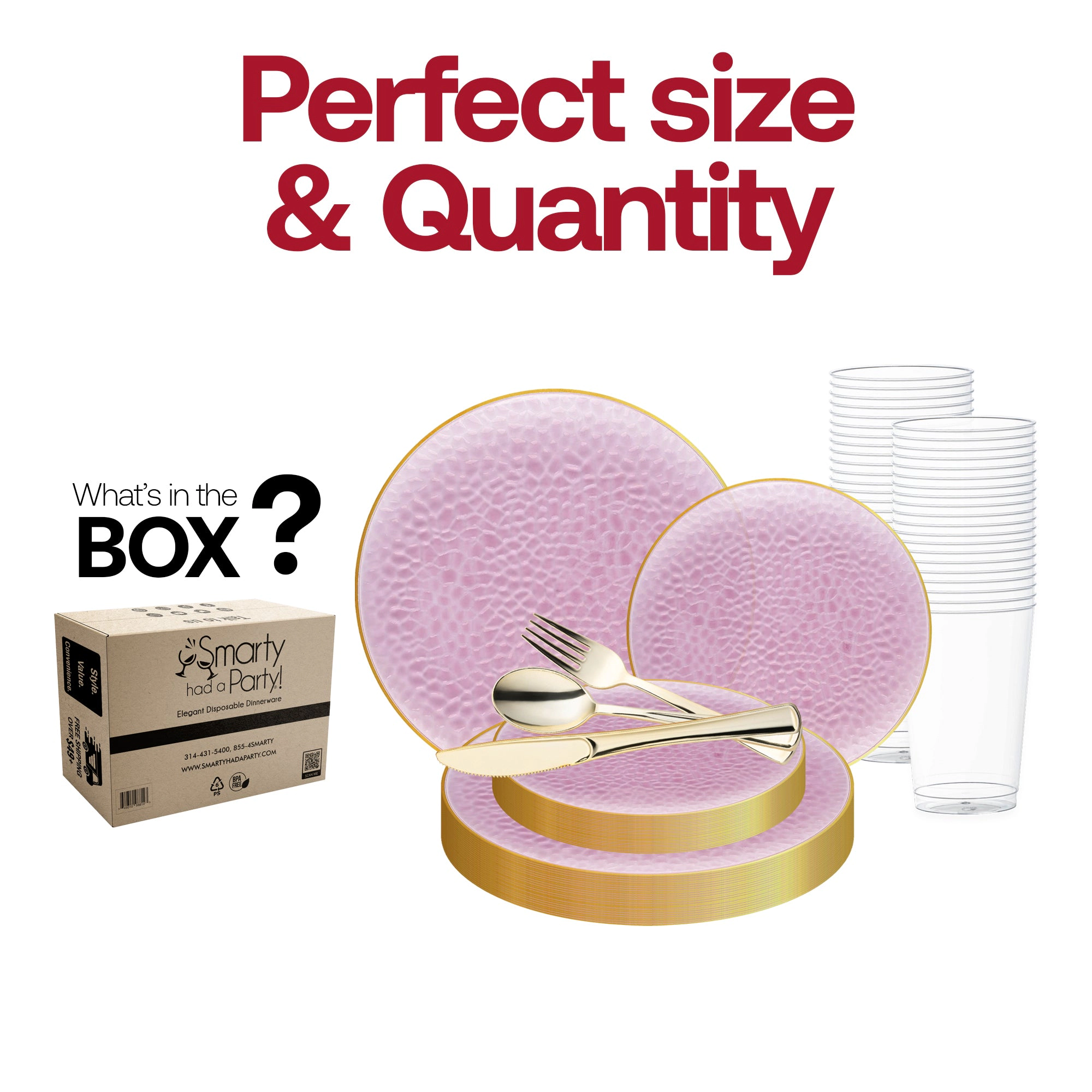 Smarty Had A Party Clear Pink with Gold Rim Hammered Glass Disposable Plastic Wedding Value Set