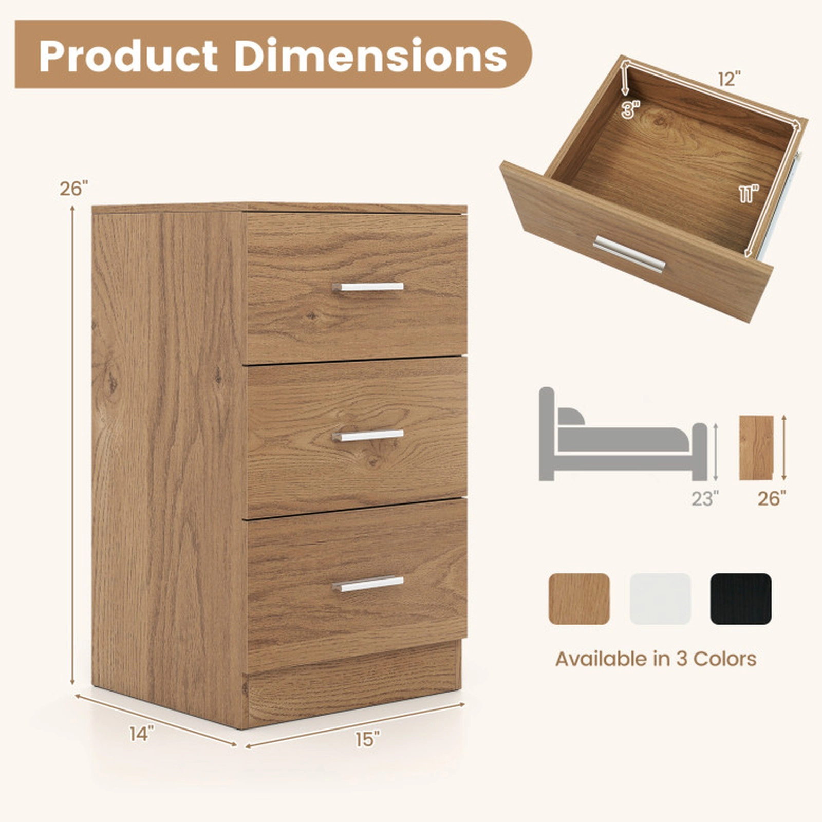 SUGIFT Set of 2 Nightstands with Charging Station and 3 Drawers 44-lb Countertop Capacity Natural