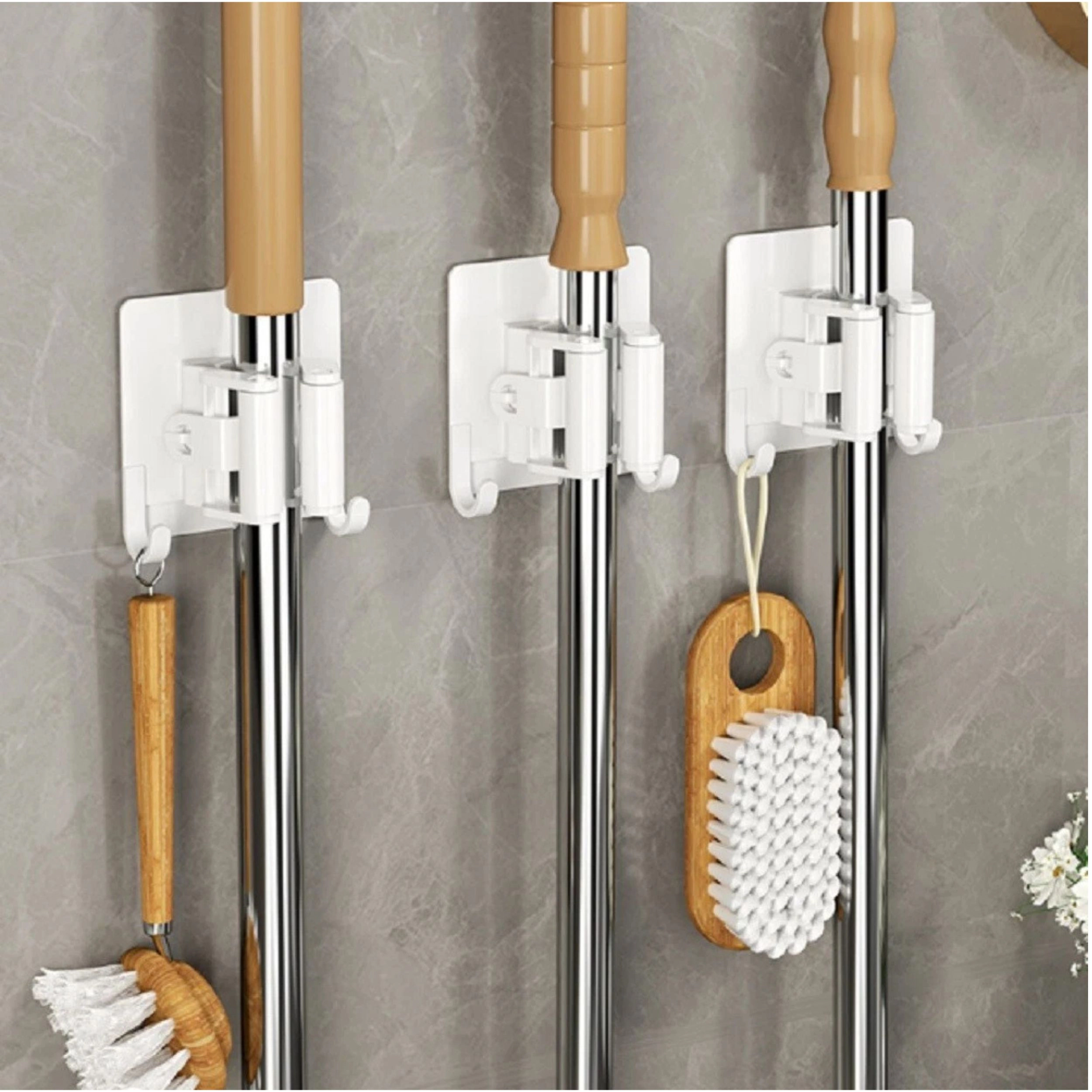 Home Collection Pack of 3 Broom Mop Holder with Hooks Self-Adhesive Wall Mount Organizer
