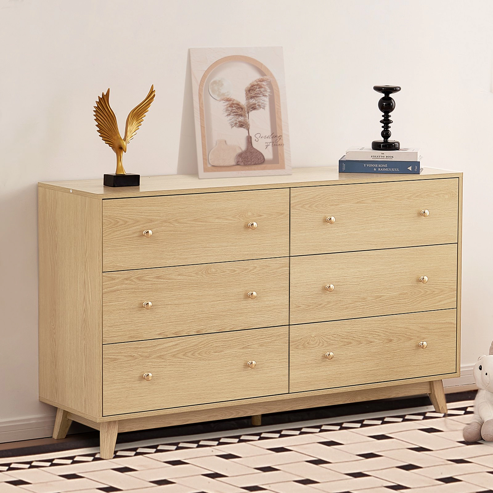 HONGGE 6 Drawer Dresser for Bedroom Wooden Chest of Drawers with Anti-Tip Hardware and Metal Rails, Light Wood