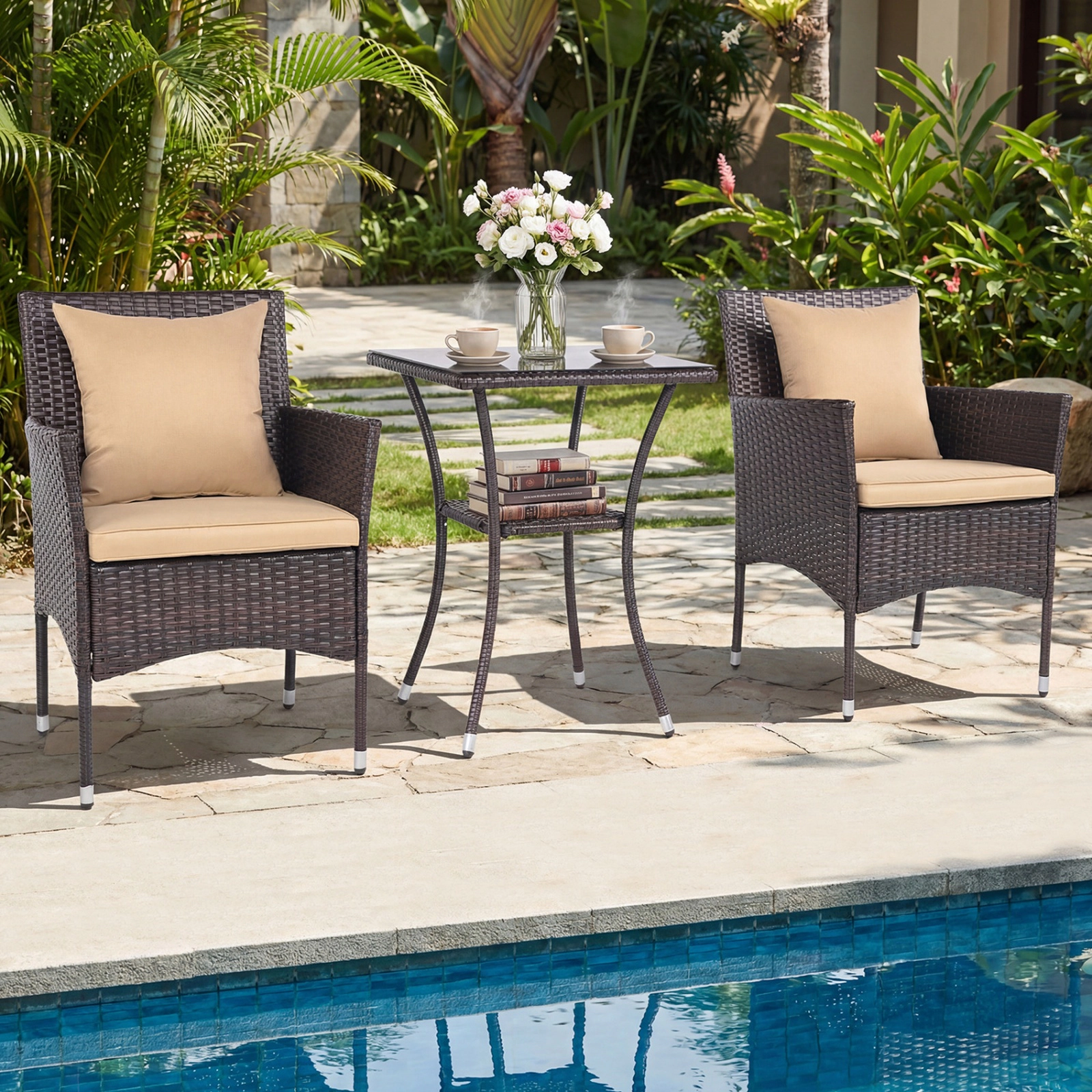 SUGIFT 3-Piece PE Rattan Patio Conversation Set with Cushioned Chairs & Tempered Glass Table 400-lb Chair Capacity Brown