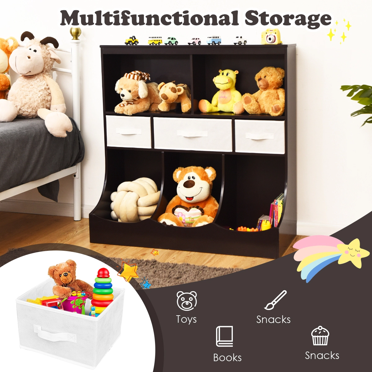 SUGIFT Freestanding Combo Cubby Bin Toy Storage Organizer with 3 Baskets 66-lb Top Capacity Brown/Gray/White