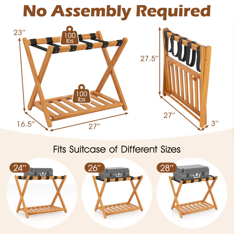 Hivvago Set of 2 Folding Luggage Racks with 5 Nylon Straps and Slatted Storage Shelf