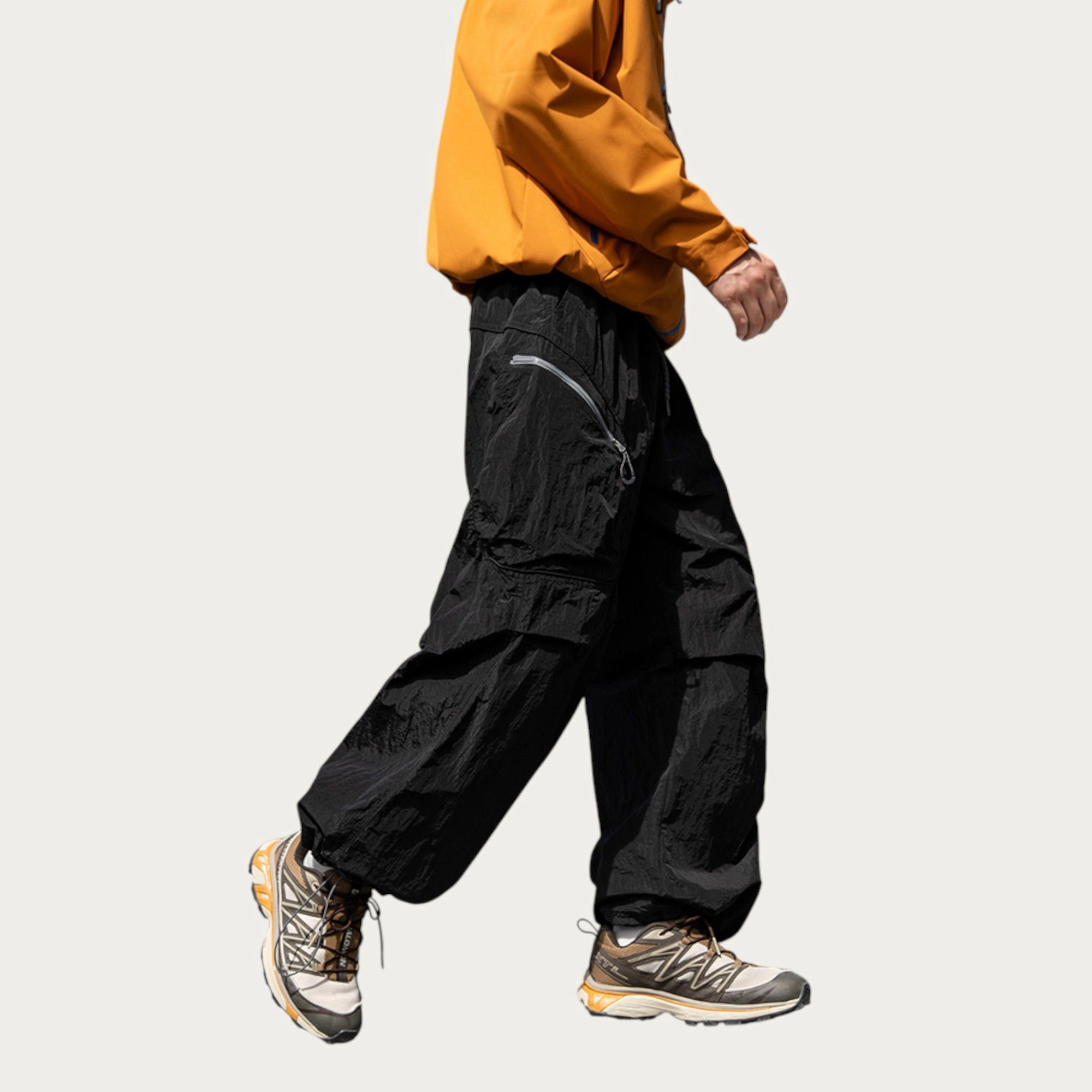 Anna-Kaci Men's Textured Wide-Leg Cargo Pants with Zipper Pockets and Adjustable Drawstring Waist