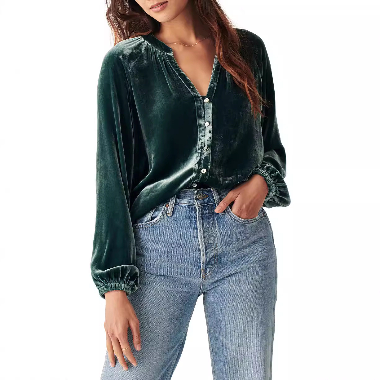 BLUEMING Womens Winter Velvet Long Sleeve Button Down Casual Tops Shirts V-Neck Cute Puff Sleeves Shirt Tunic Blouses